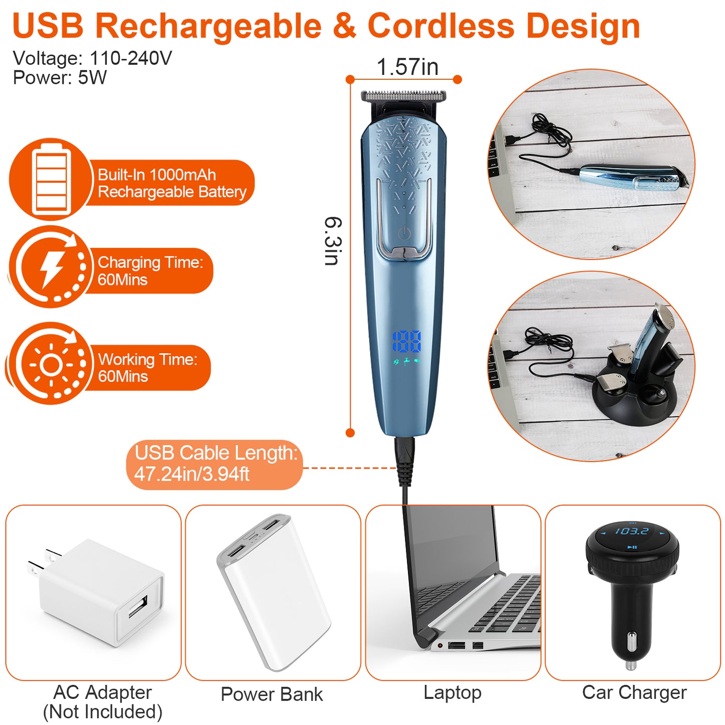 5-In-1 Men’s Beard Trimmer Cordless Hair Clipper Electric Waterproof Shaver Grooming Kit w/ LED Display for Nose Ear Facial Hair