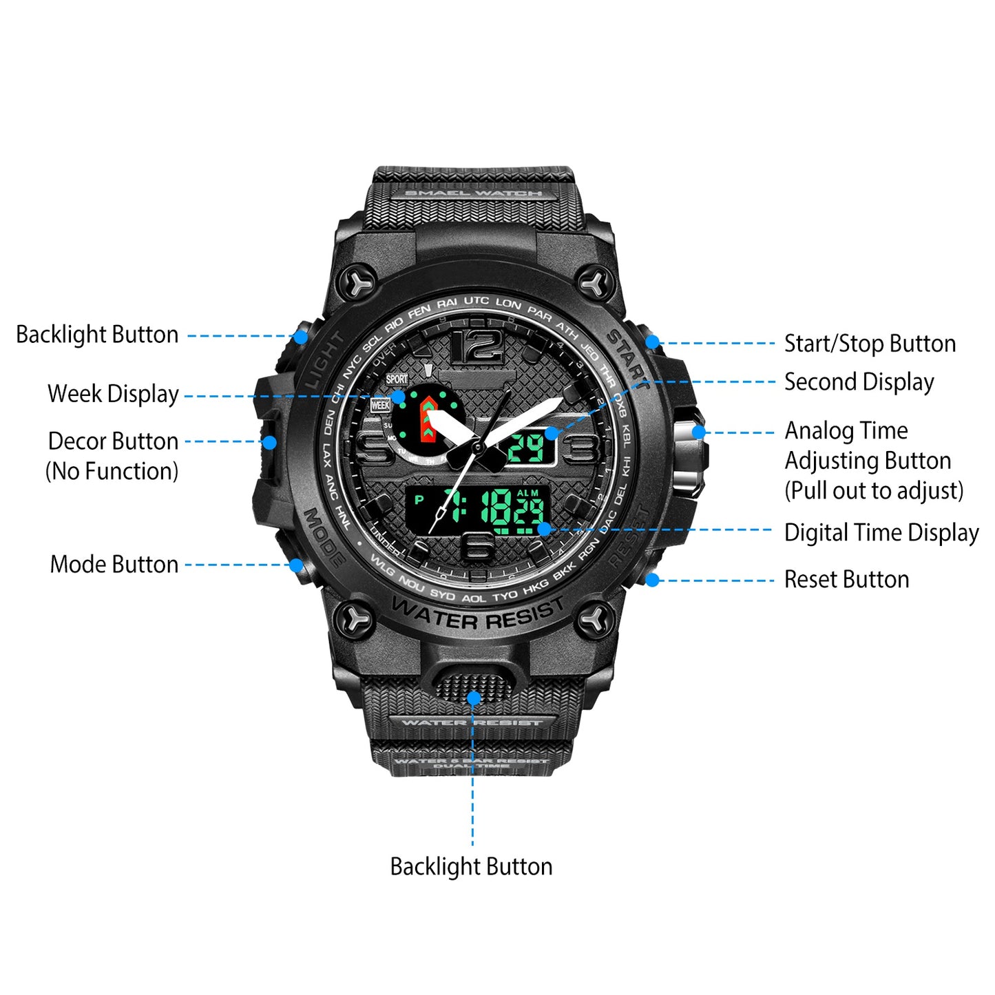 Men's Sports Watch Water-Resistant Military Wrist Watch Digital Analog Watch w/ Quartz Electronic Movement LED Backlight Date Alarm