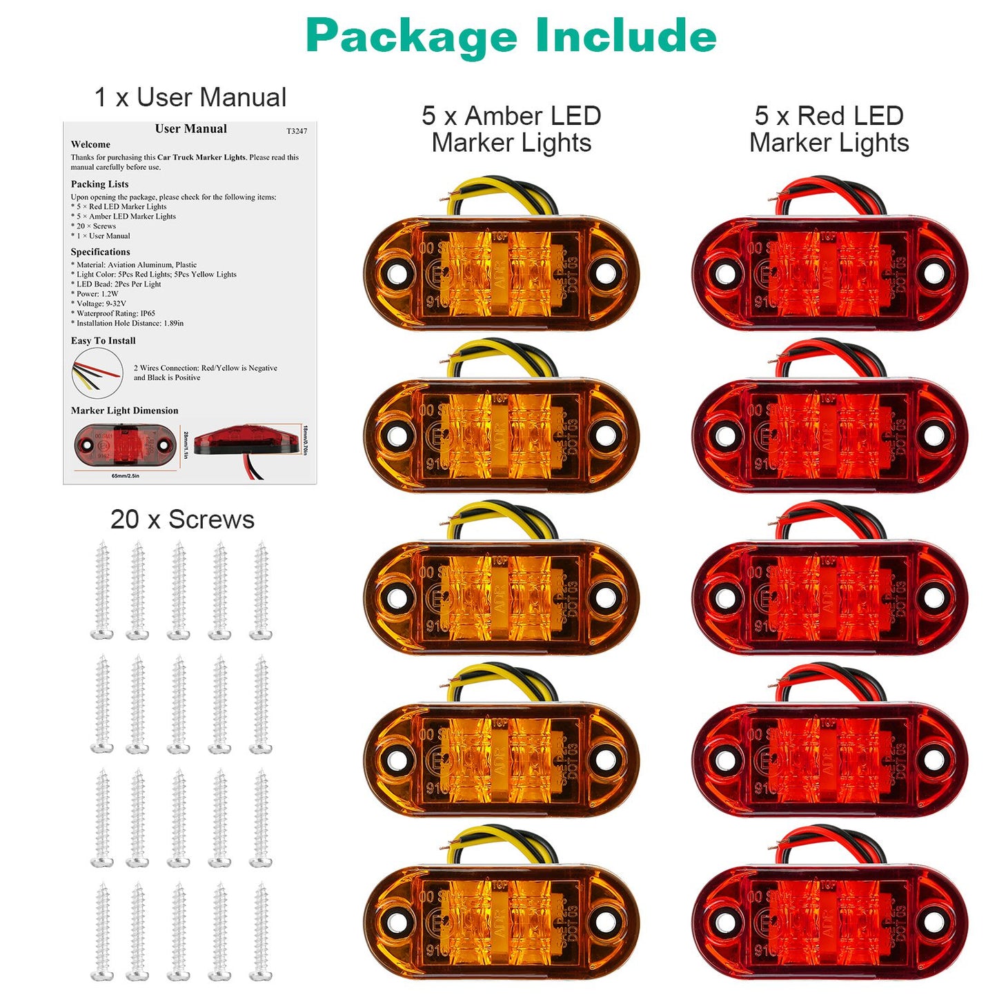 10Pcs LED Car Truck Marker Light 5Pcs Amber 5Pcs Red Trailer RV Marker Lights 2.5" Oval Clearance Marker Lights 9-32V
