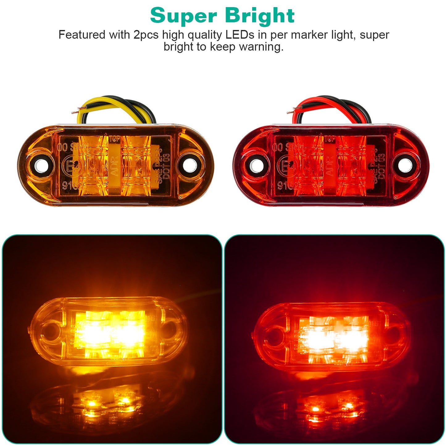 10Pcs LED Car Truck Marker Light 5Pcs Amber 5Pcs Red Trailer RV Marker Lights 2.5" Oval Clearance Marker Lights 9-32V