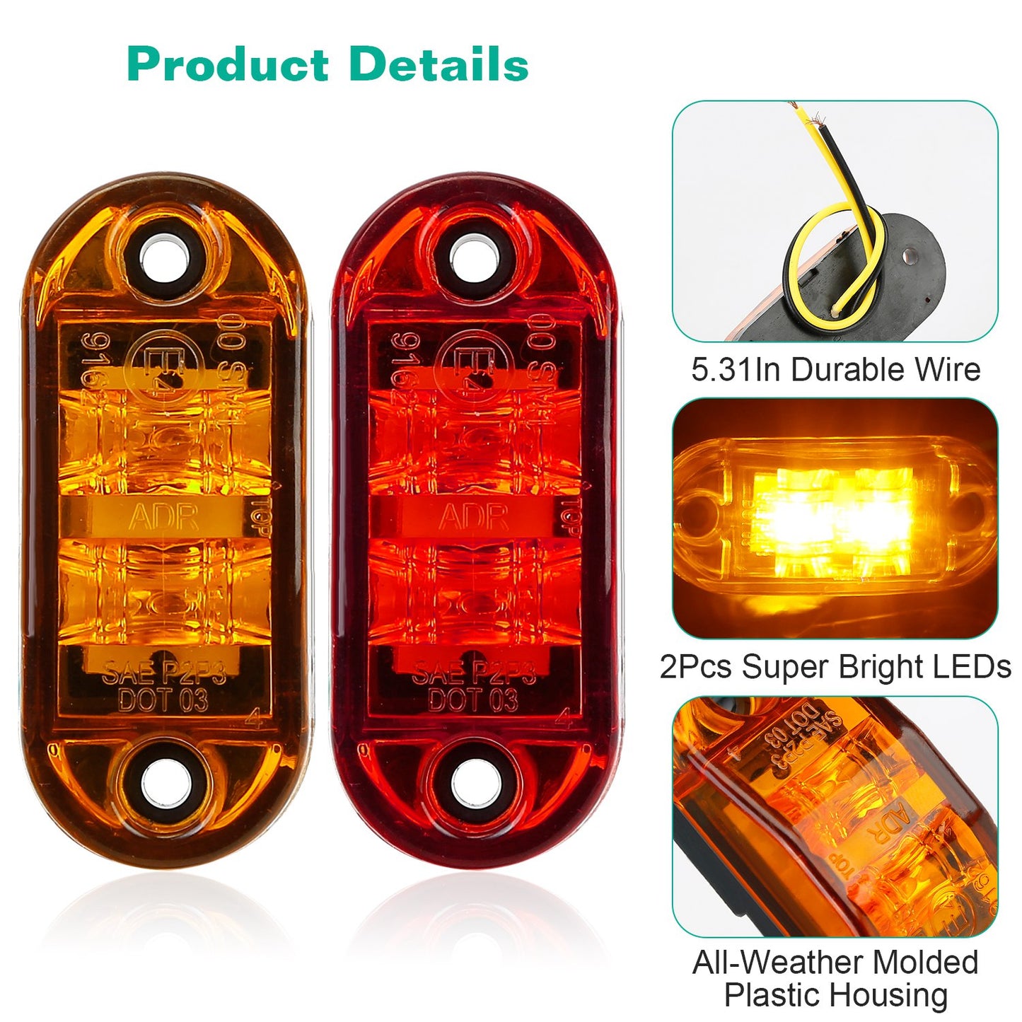 10Pcs LED Car Truck Marker Light 5Pcs Amber 5Pcs Red Trailer RV Marker Lights 2.5" Oval Clearance Marker Lights 9-32V
