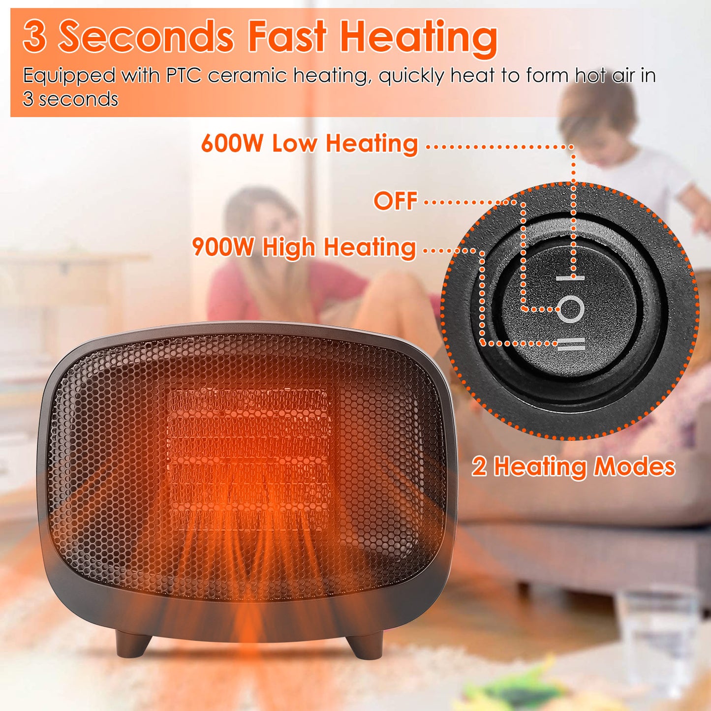 Small Electric Space Heater Portable Mini PTC Ceramic Space Heater Fan w/ Tip-Over and Overheat Protection for Bedroom Office Desk Indoor Us