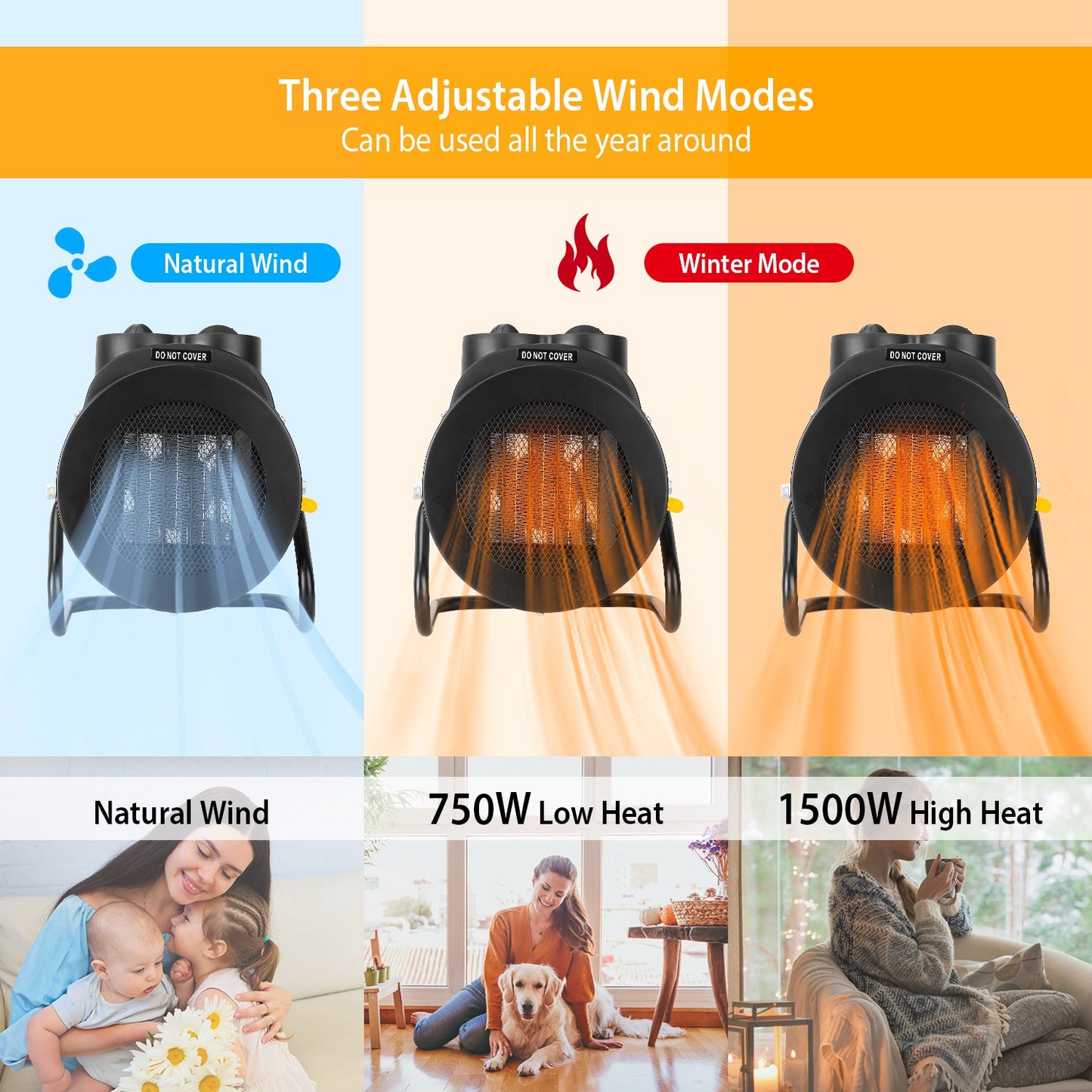 1500W Portable Electric Space Heater Personal Fan w/ Overheat Protection Adjustable Temperature Ceramic Heater for Bedroom Office Desk