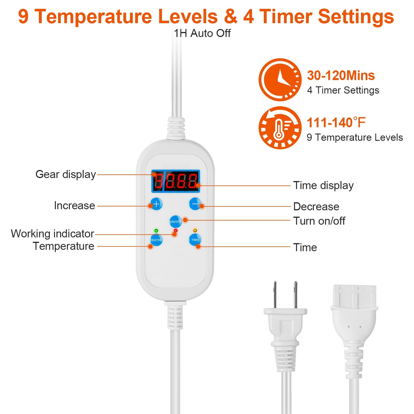 22.8x11.4” Electric Heating Pad for Shoulder Neck Back Spine Legs Feet Pain Relief w/ 9 Temperature Levels 4 Timer Modes