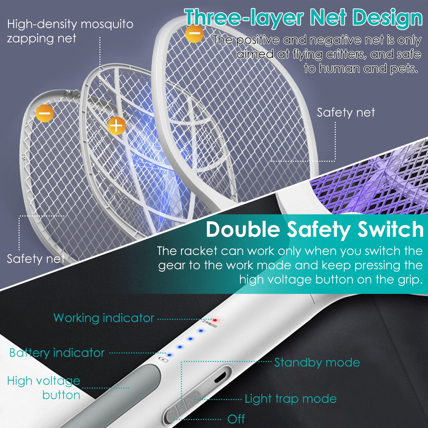 2 in 1 Electric Rechargeable Bug Zapper Mosquito Insect Killer Fly Swatter Mosquito Zapper Racket Mosquito Trap Catcher