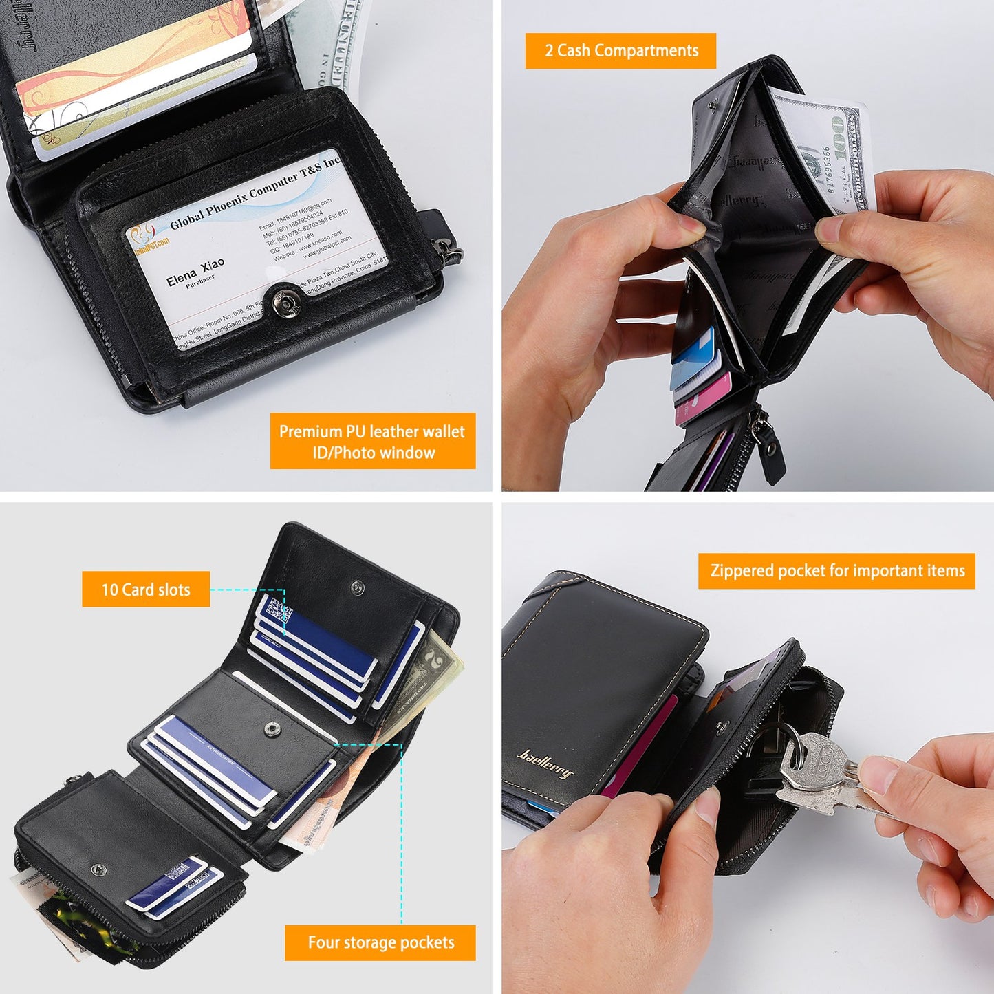 Men’s Leather Wallet ID Card Holder Purse Trifold Clutch Money Zipper with ID Window 14 Credit Card 1 ID Card