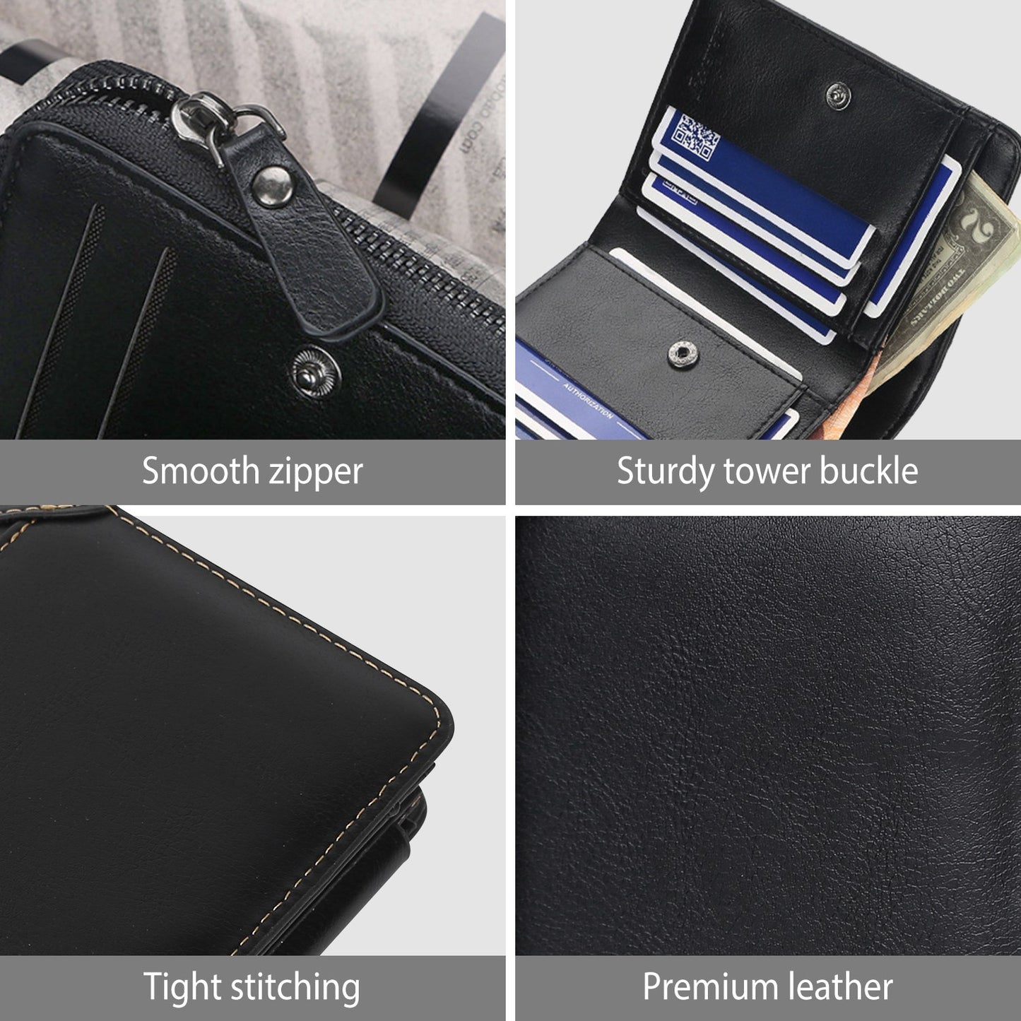 Men’s Leather Wallet ID Card Holder Purse Trifold Clutch Money Zipper with ID Window 14 Credit Card 1 ID Card
