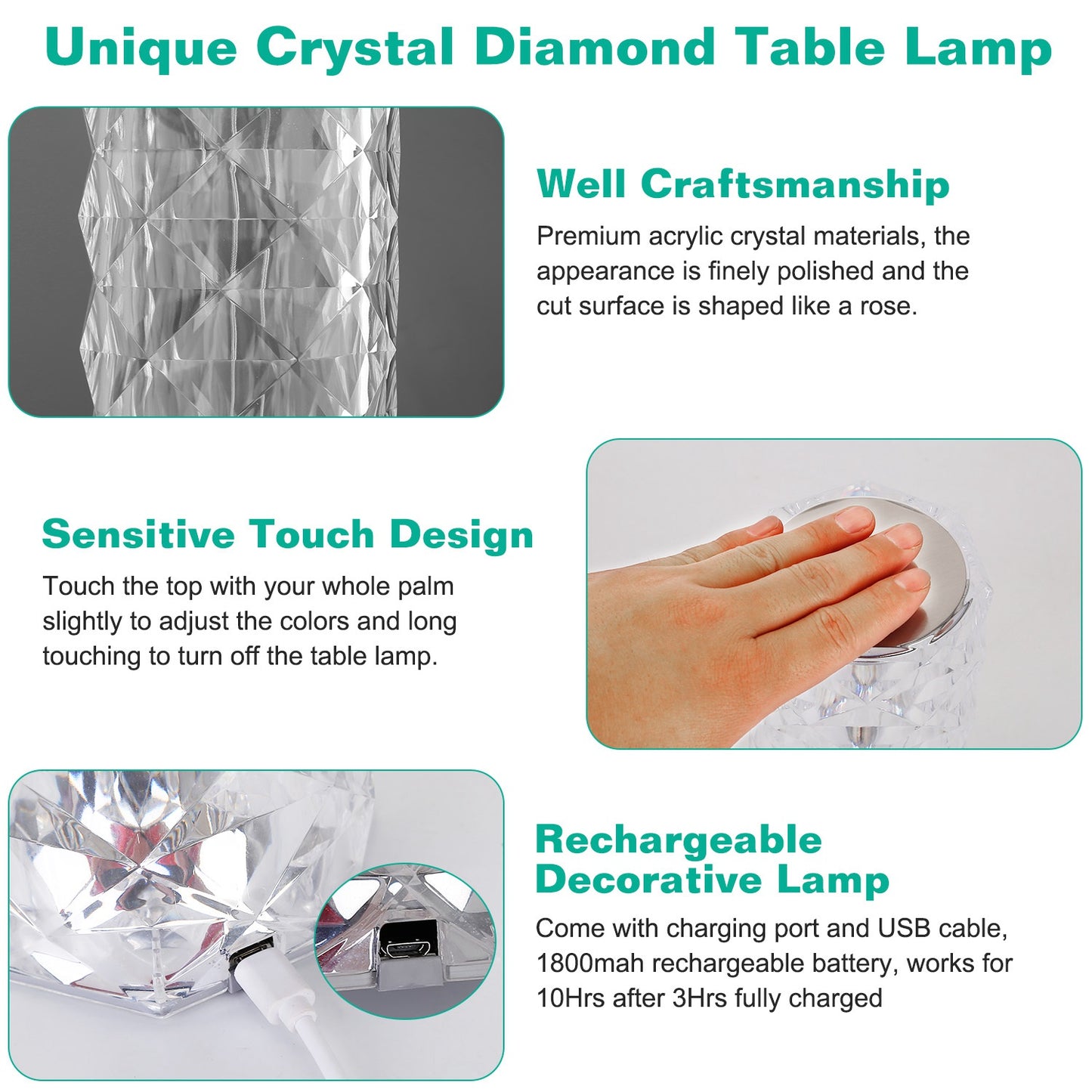 Crystal Diamond Rose Table Lamp Dimmable Remote Touch Control Beside LED Night Light Rechargeable 16 Color Change Atmosphere Bar Lamp