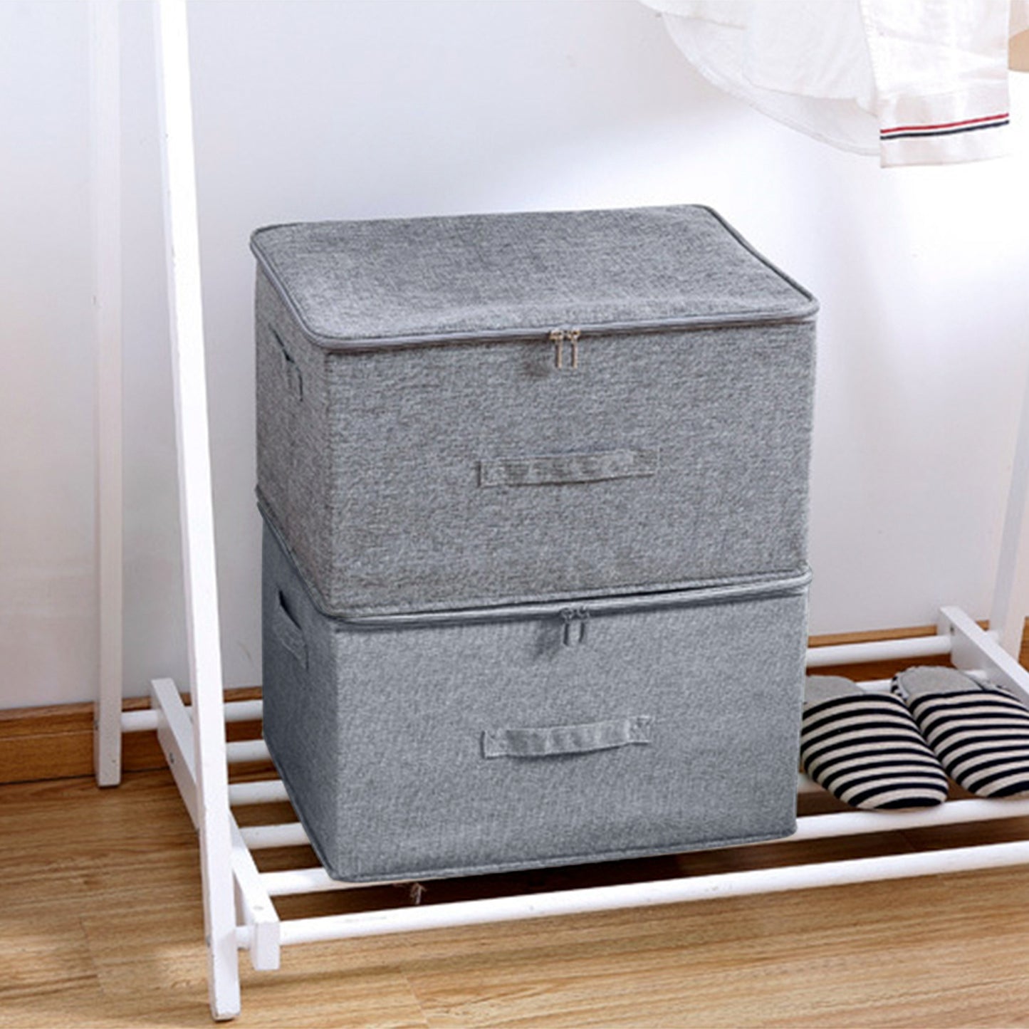 2Pcs Collapsible Storage Bins w/ Dual-Zipper Lid Foldable Fabric Clothes Storage Box Cube Container Organizer w/ 3 Handles 35L Capacity