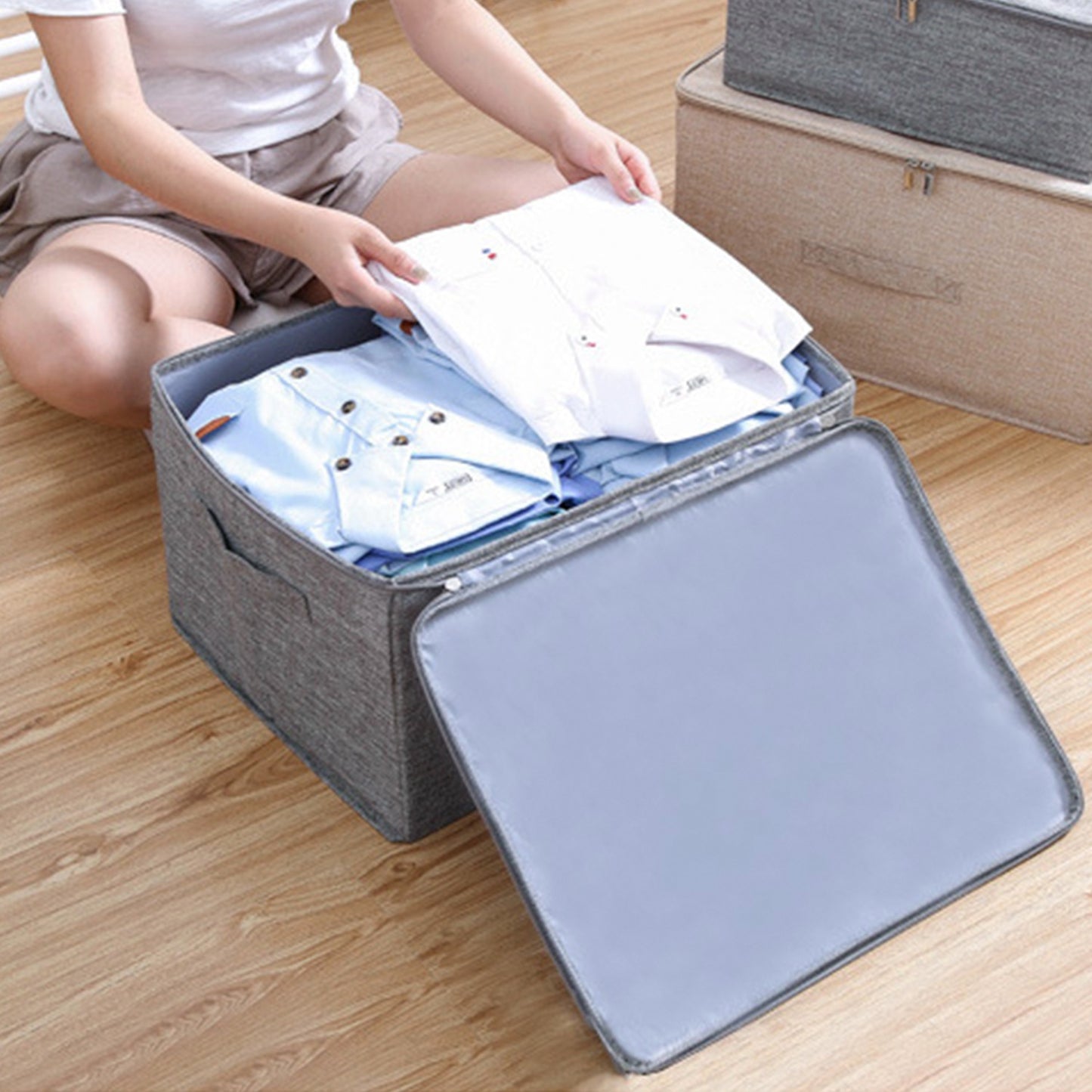 2Pcs Collapsible Storage Bins w/ Dual-Zipper Lid Foldable Fabric Clothes Storage Box Cube Container Organizer w/ 3 Handles 35L Capacity