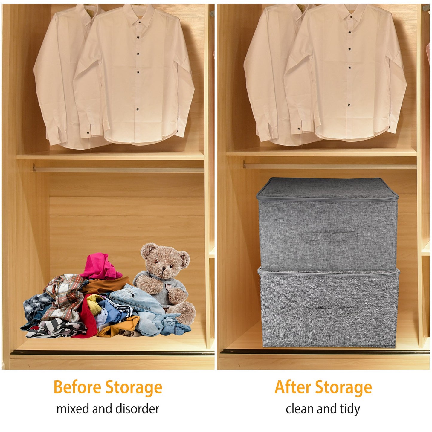 2Pcs Collapsible Storage Bins w/ Dual-Zipper Lid Foldable Fabric Clothes Storage Box Cube Container Organizer w/ 3 Handles 35L Capacity