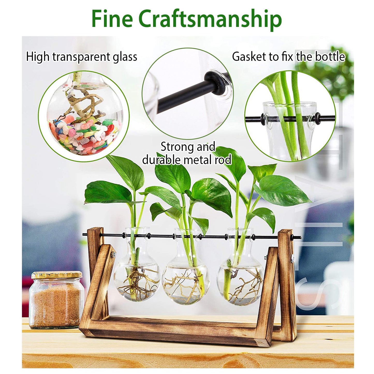 Desktop Glass Planter Bulb Plant Terrarium with Wooden Stand Air Planter Glass Vase Metal Swivel Plant Propagation Station for Hydroponics