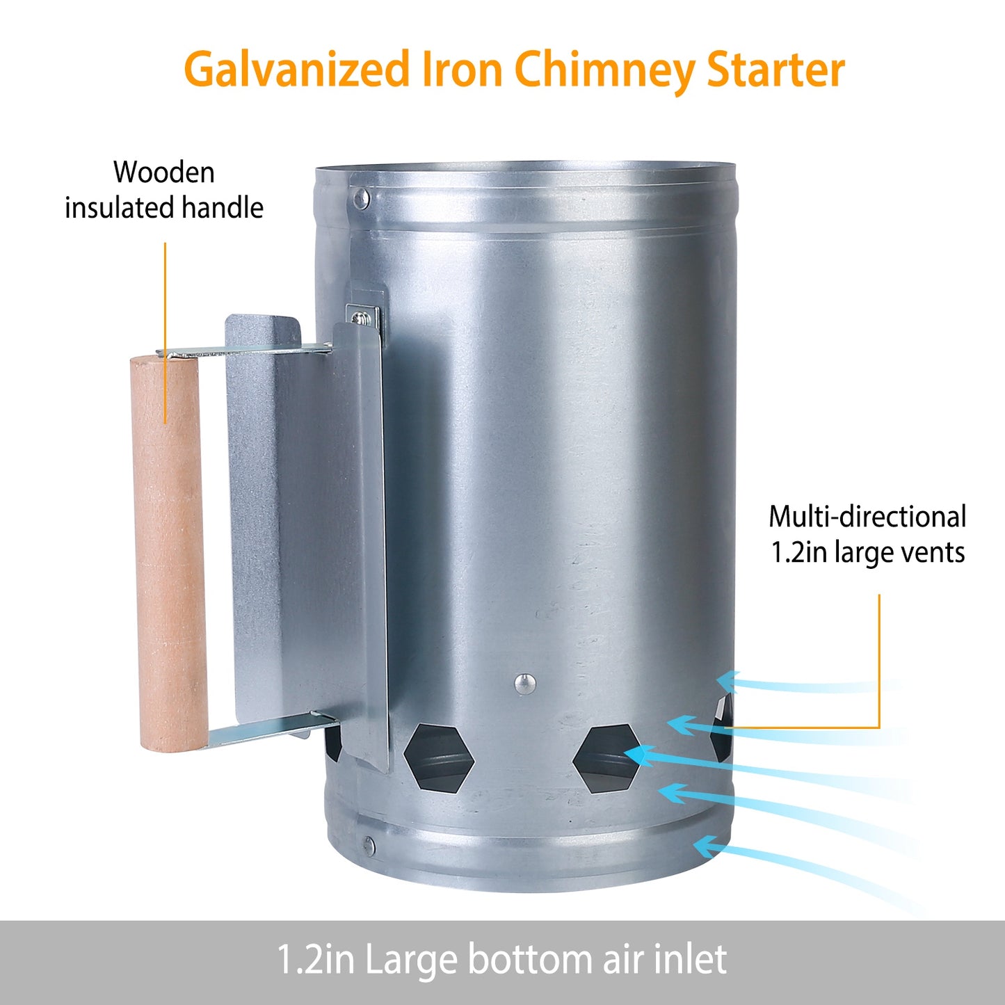 10.8x6.7in BBQ Charcoal Chimney Starter Coal Fire Starter Charcoal Can Grill Lighter Quick Rapid Fire Briquette Starter with Wooden Handle