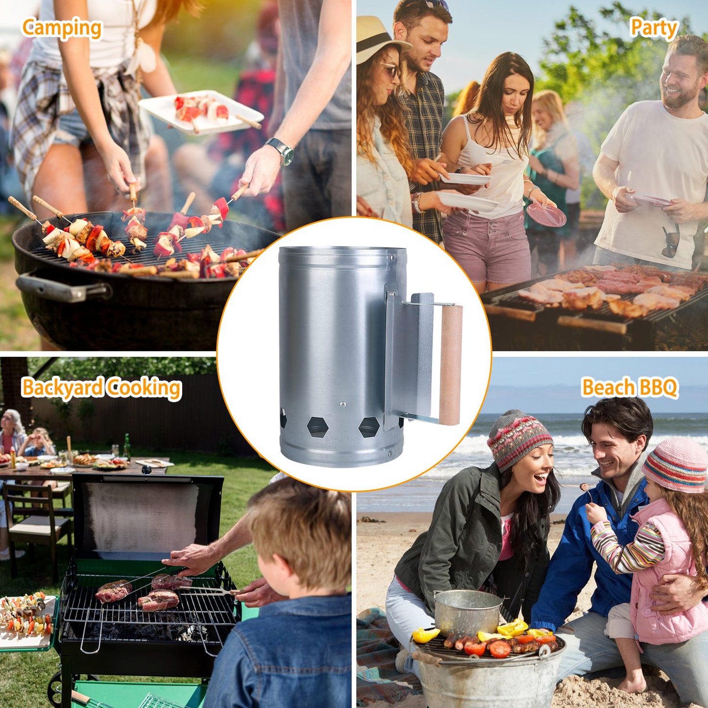 10.8x6.7in BBQ Charcoal Chimney Starter Coal Fire Starter Charcoal Can Grill Lighter Quick Rapid Fire Briquette Starter with Wooden Handle