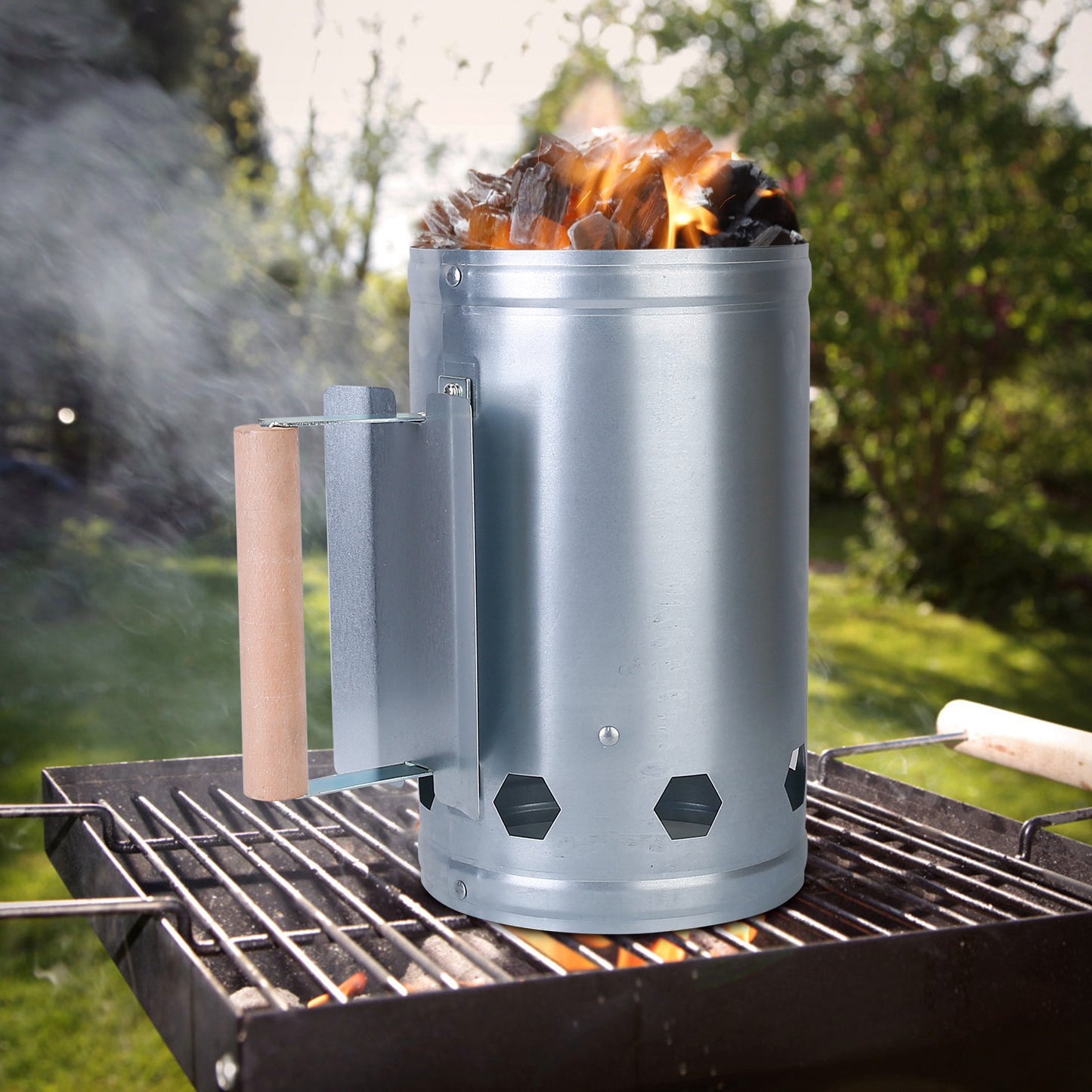 10.8x6.7in BBQ Charcoal Chimney Starter Coal Fire Starter Charcoal Can Grill Lighter Quick Rapid Fire Briquette Starter with Wooden Handle