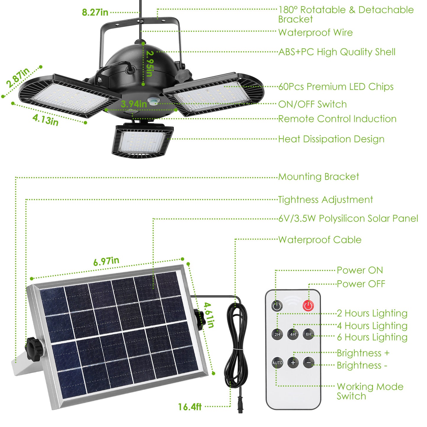 Solar Pendant Lights IP65 Waterproof Shed Light 120° Adjustable Garage Light with 3 Timing Modes 4 Brightness Levels Remote Control