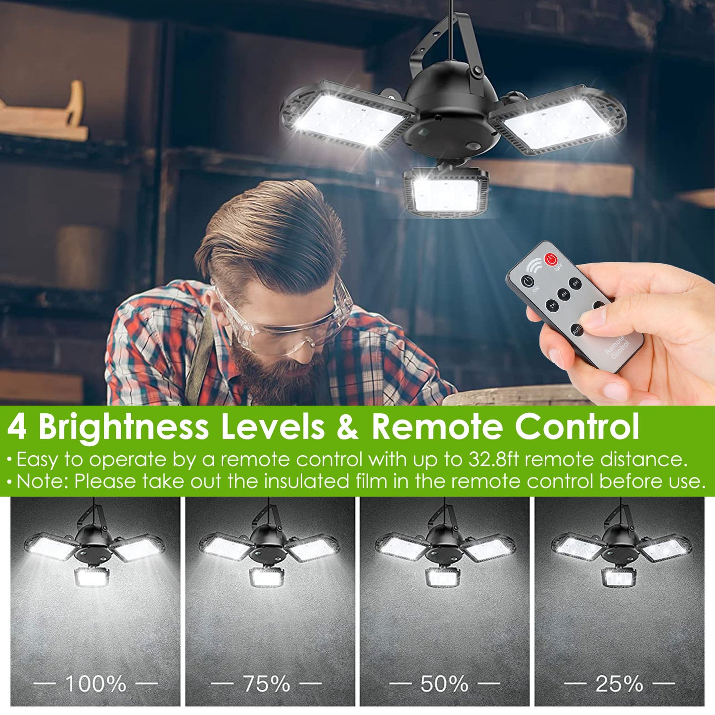 Solar Pendant Lights IP65 Waterproof Shed Light 120° Adjustable Garage Light with 3 Timing Modes 4 Brightness Levels Remote Control