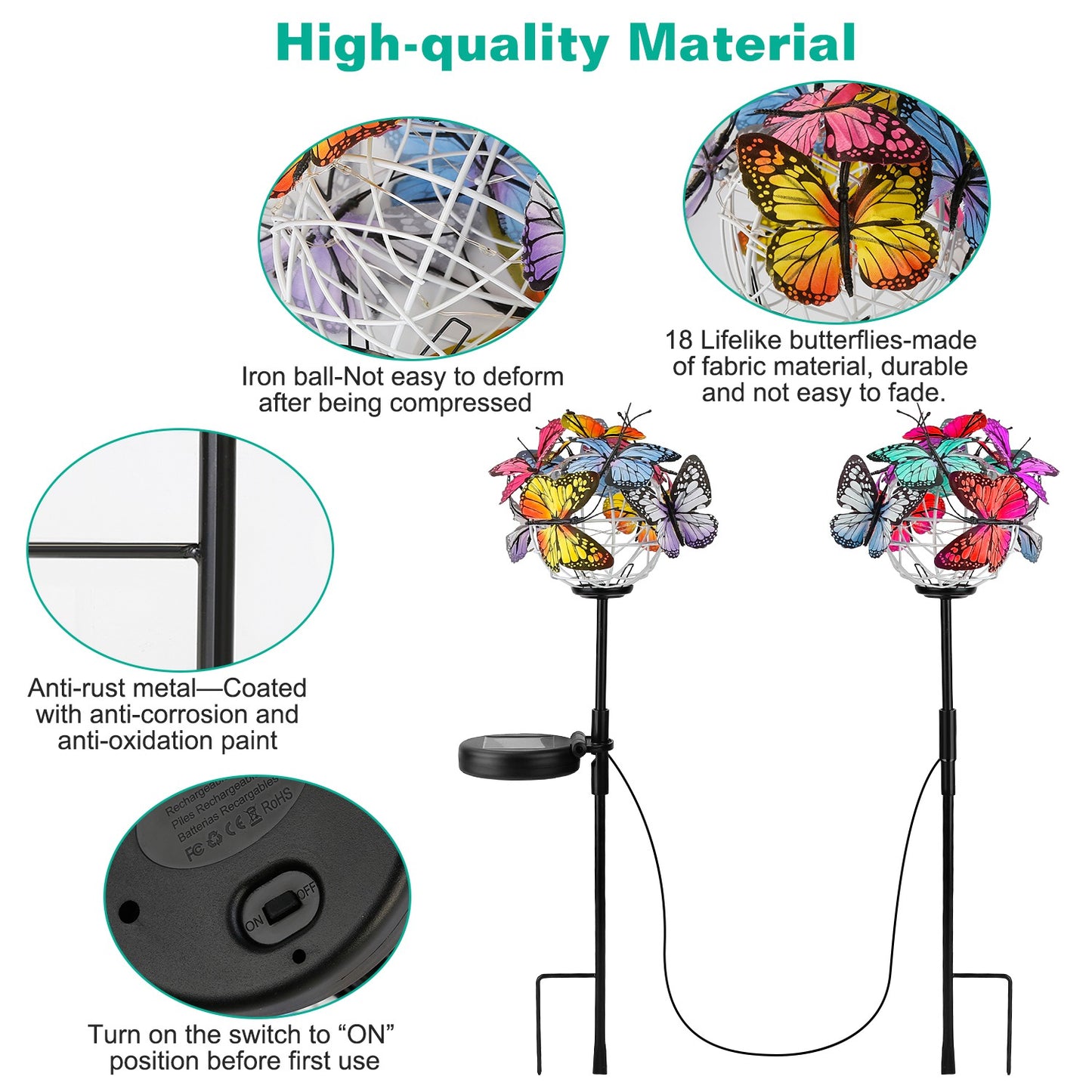2 in 1 Outdoor Solar Light Butterfly Landscape Light Yard Stake Decor Lamp Stake Light w/ Butterfly
