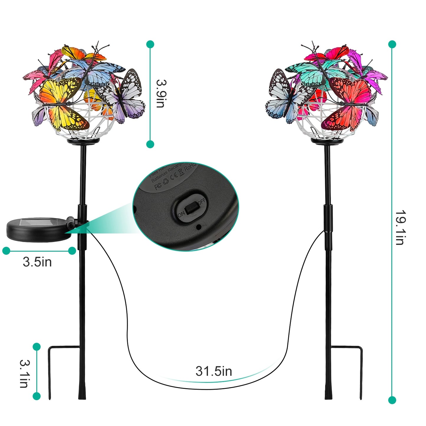 2 in 1 Outdoor Solar Light Butterfly Landscape Light Yard Stake Decor Lamp Stake Light w/ Butterfly
