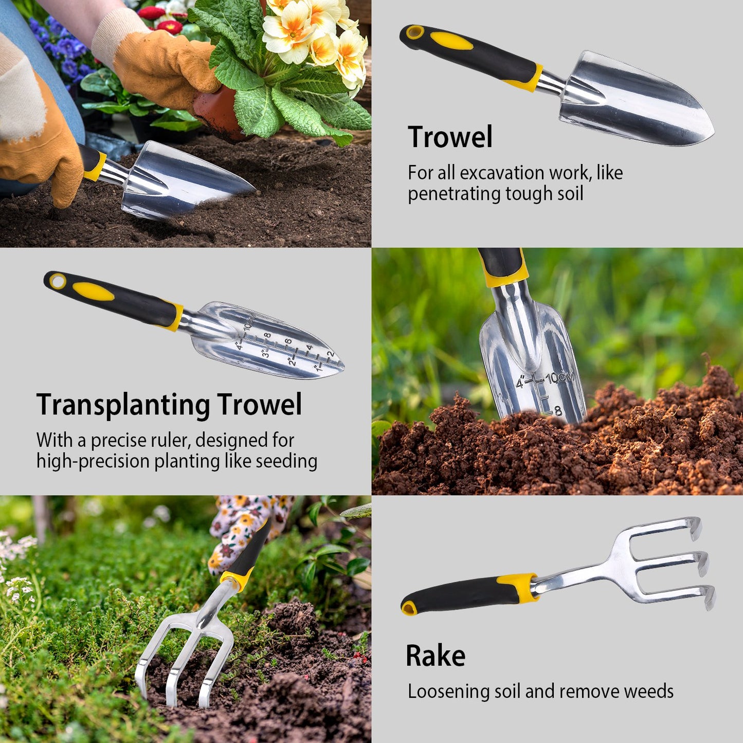 5Pcs Garden Tool Set Heavy Duty Aluminum Gardening Hand Tool Kit with Non-Slip Handle Rake Trowel Weeder Shovel