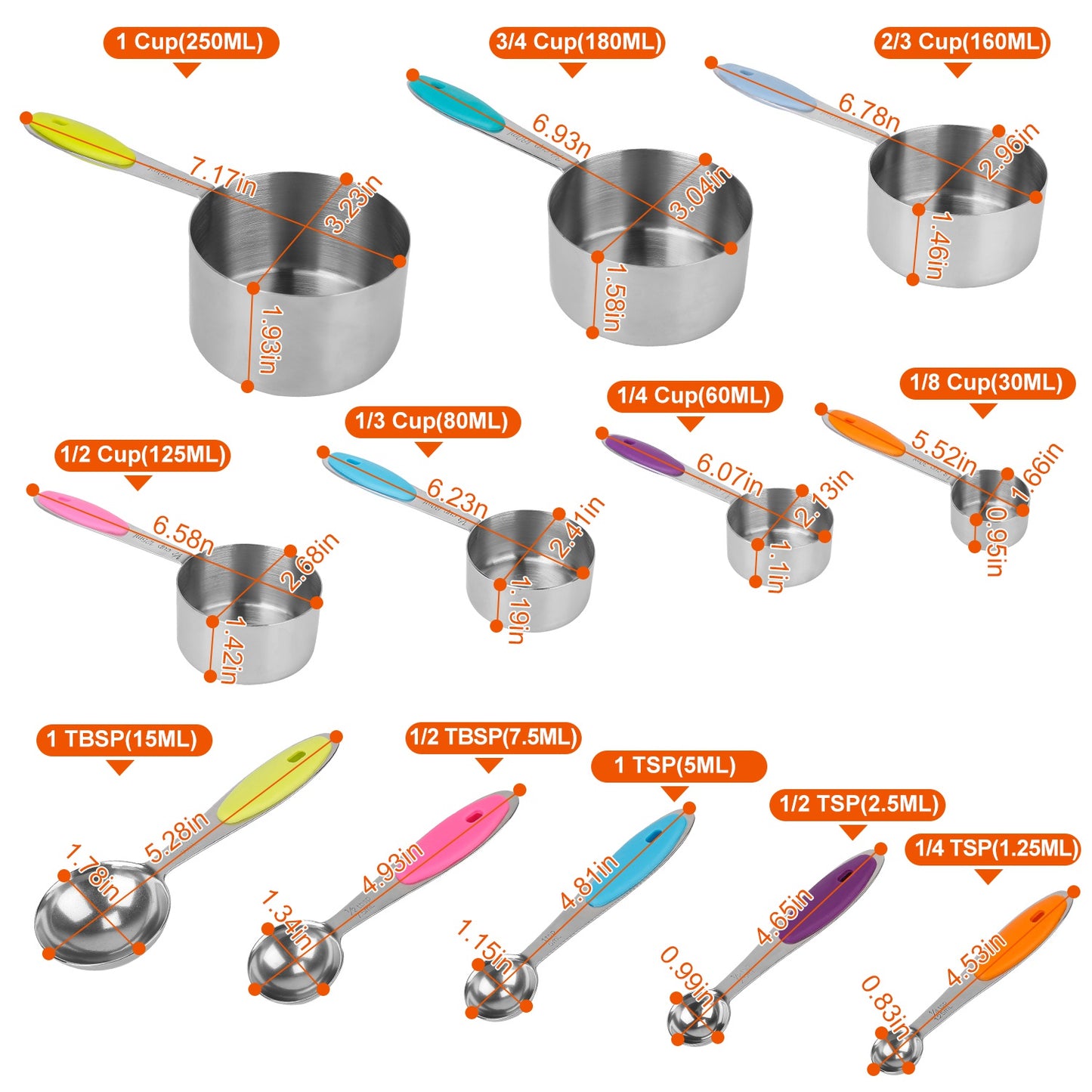 12Pcs Measuring Cups Spoons Set Stainless Steel Kitchen Measurement Tool for Cooking Baking Dry Spices Liquid Ingredients