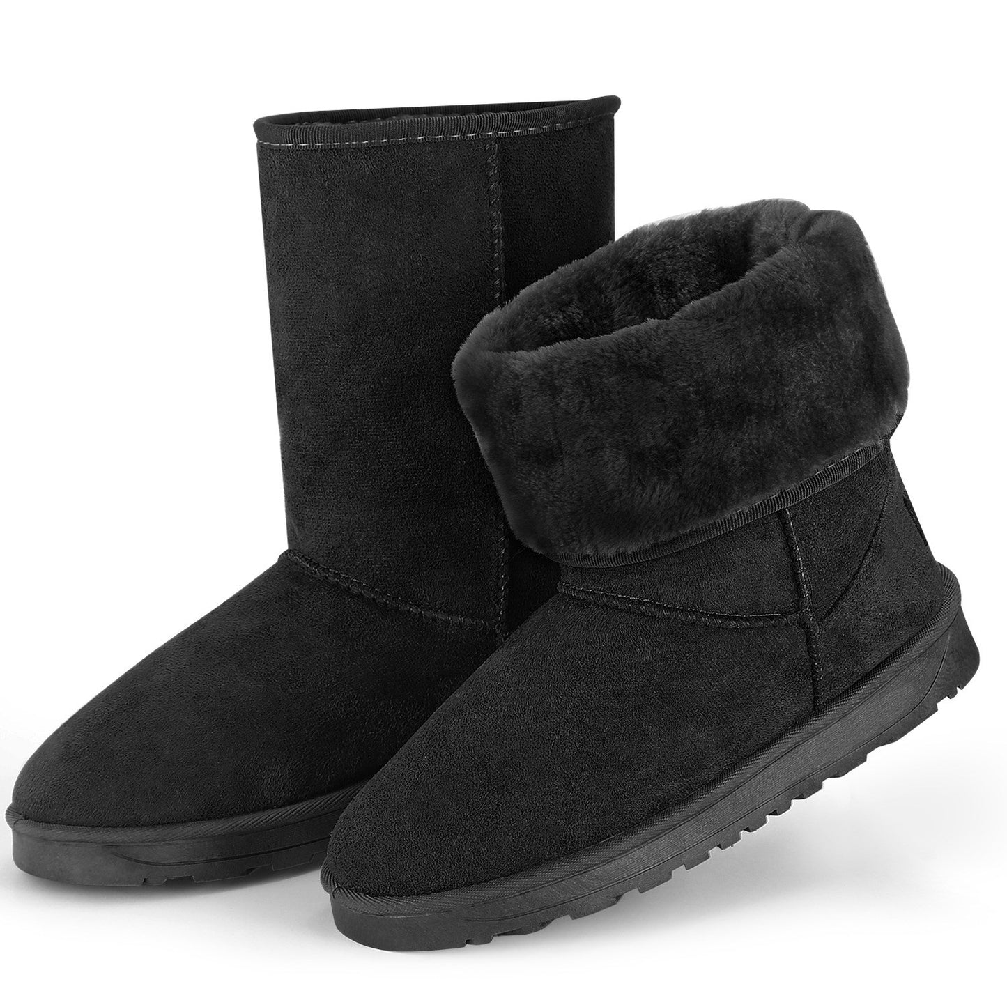 TeqHome Women Ladies Snow Boots Waterproof Faux Suede Mid-Calf Boots Fur Warm Lining Shoes Black 7