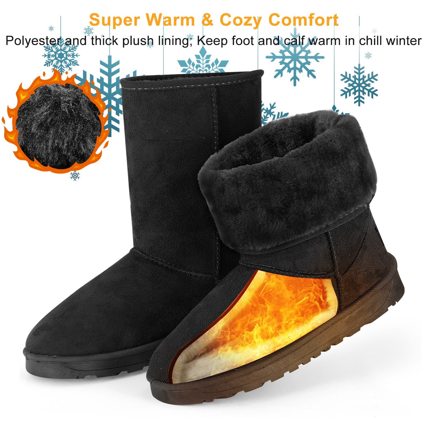 TeqHome Women Ladies Snow Boots Waterproof Faux Suede Mid-Calf Boots Fur Warm Lining Shoes Black 7