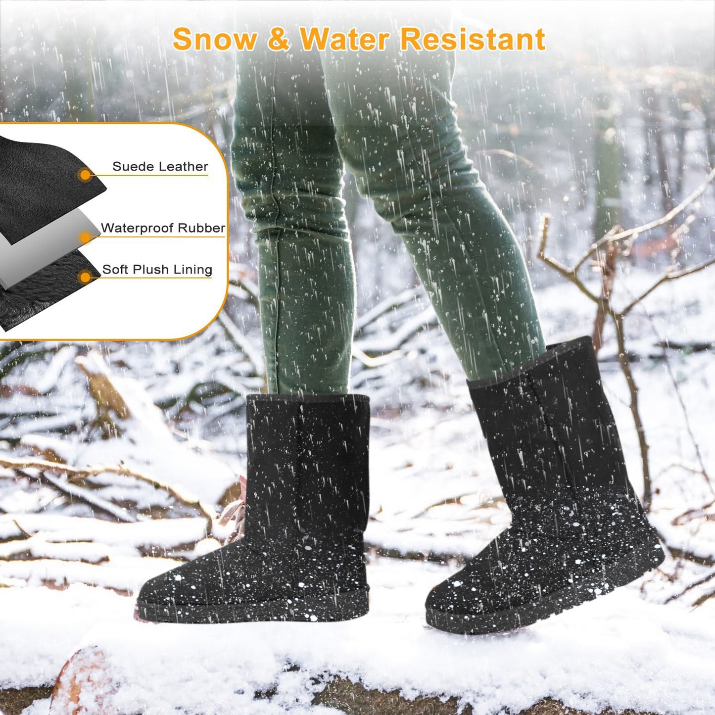 TeqHome Women Ladies Snow Boots Waterproof Faux Suede Mid-Calf Boots Fur Warm Lining Shoes Black 7