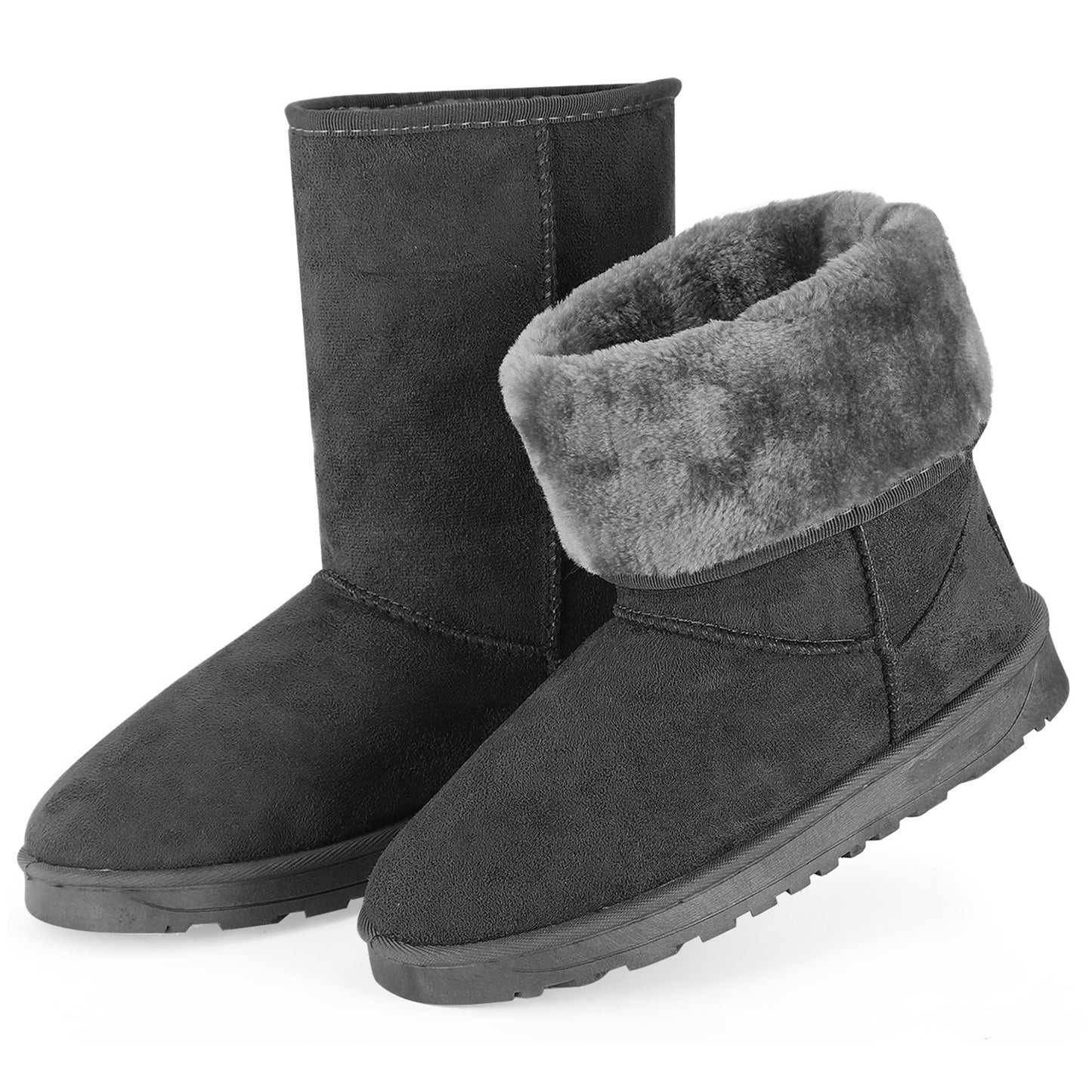TeqHome Women Ladies Snow Boots Waterproof Faux Suede Mid-Calf Boots Fur Warm Lining Shoes Black 7