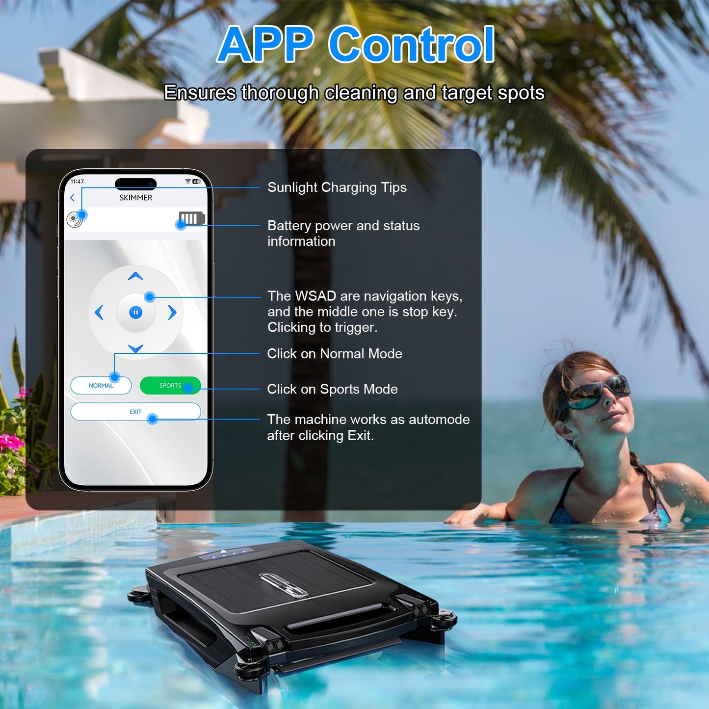 TeqHome Solar Powered Robotic Pool Skimmer Automatic Swimming Pool Surface Cleaner with 2 Cleaning Modes Dual Charging Methods IPX7 Waterproof 1937sq.ft Coverage APP Control