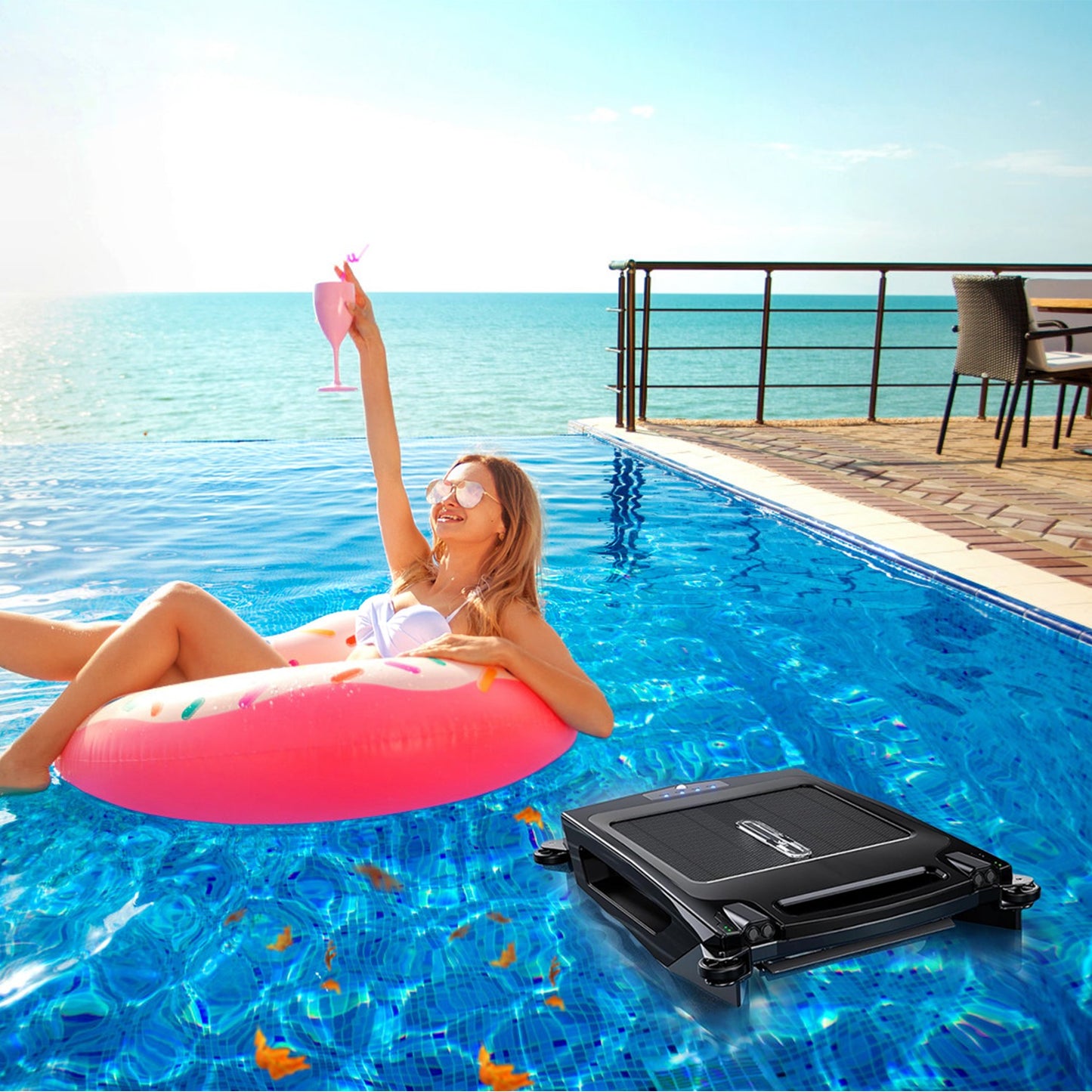 TeqHome Solar Powered Robotic Pool Skimmer Automatic Swimming Pool Surface Cleaner with 2 Cleaning Modes Dual Charging Methods IPX7 Waterproof 1937sq.ft Coverage APP Control
