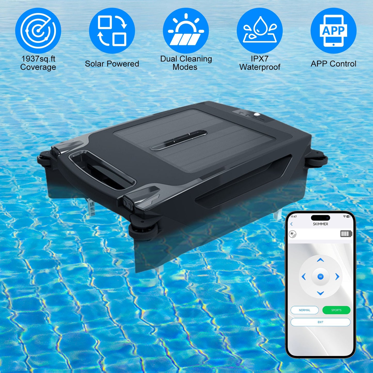 TeqHome Solar Powered Robotic Pool Skimmer Automatic Swimming Pool Surface Cleaner with 2 Cleaning Modes Dual Charging Methods IPX7 Waterproof 1937sq.ft Coverage APP Control