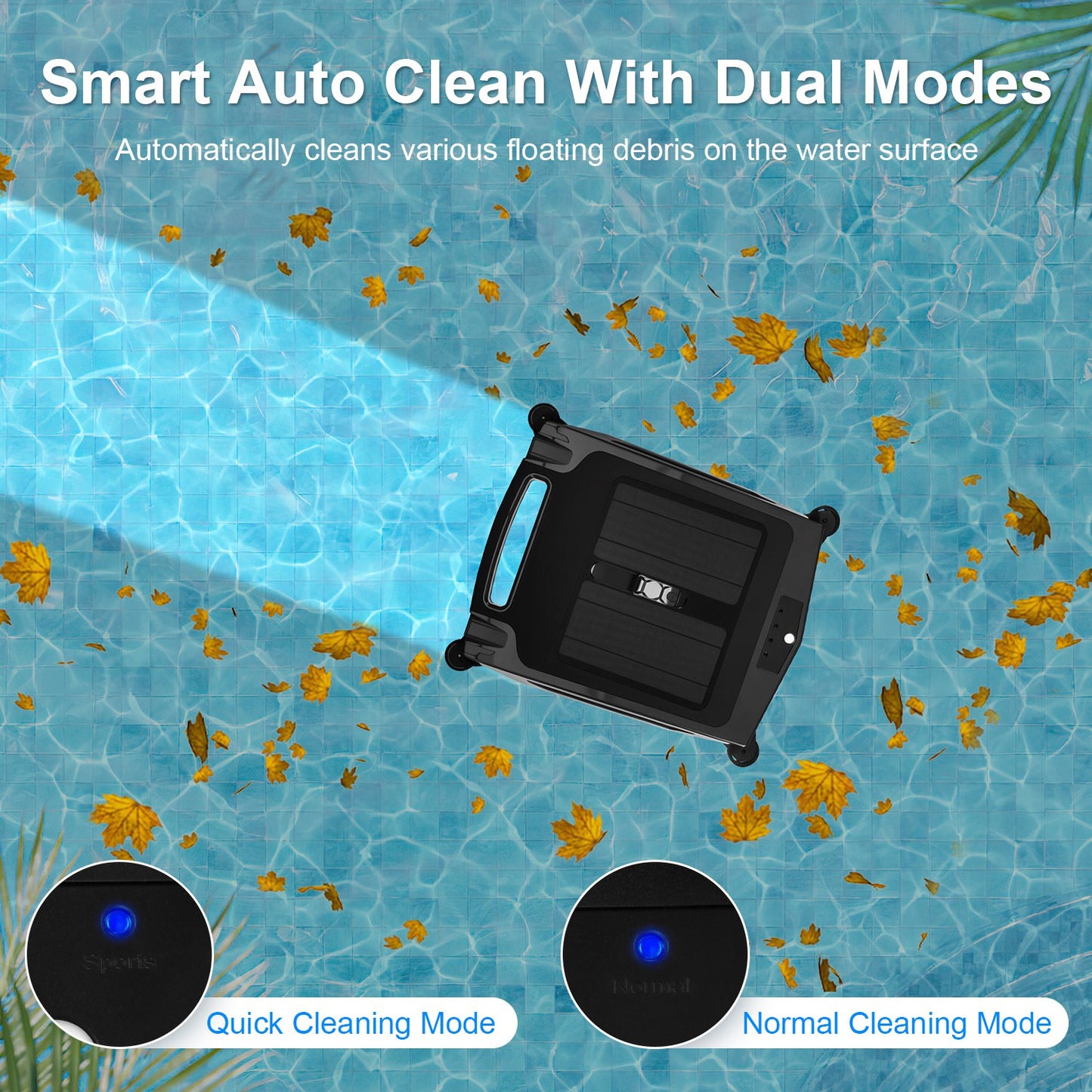 TeqHome Solar Powered Robotic Pool Skimmer Automatic Swimming Pool Surface Cleaner with 2 Cleaning Modes Dual Charging Methods IPX7 Waterproof 1937sq.ft Coverage APP Control