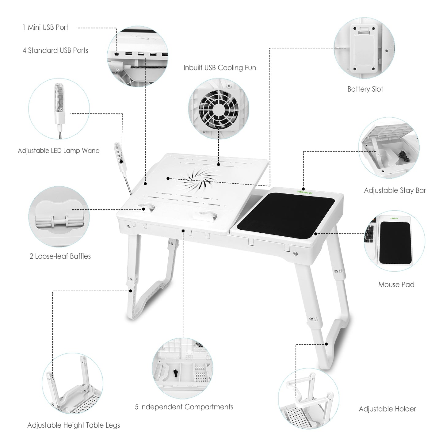 TeqHome Foldable Laptop Table Bed Notebook Desk w/Cooling Fan Mouse Board LED light 4 x USB Ports Breakfast Snacking Tray with Storage Groove For Home Office Use