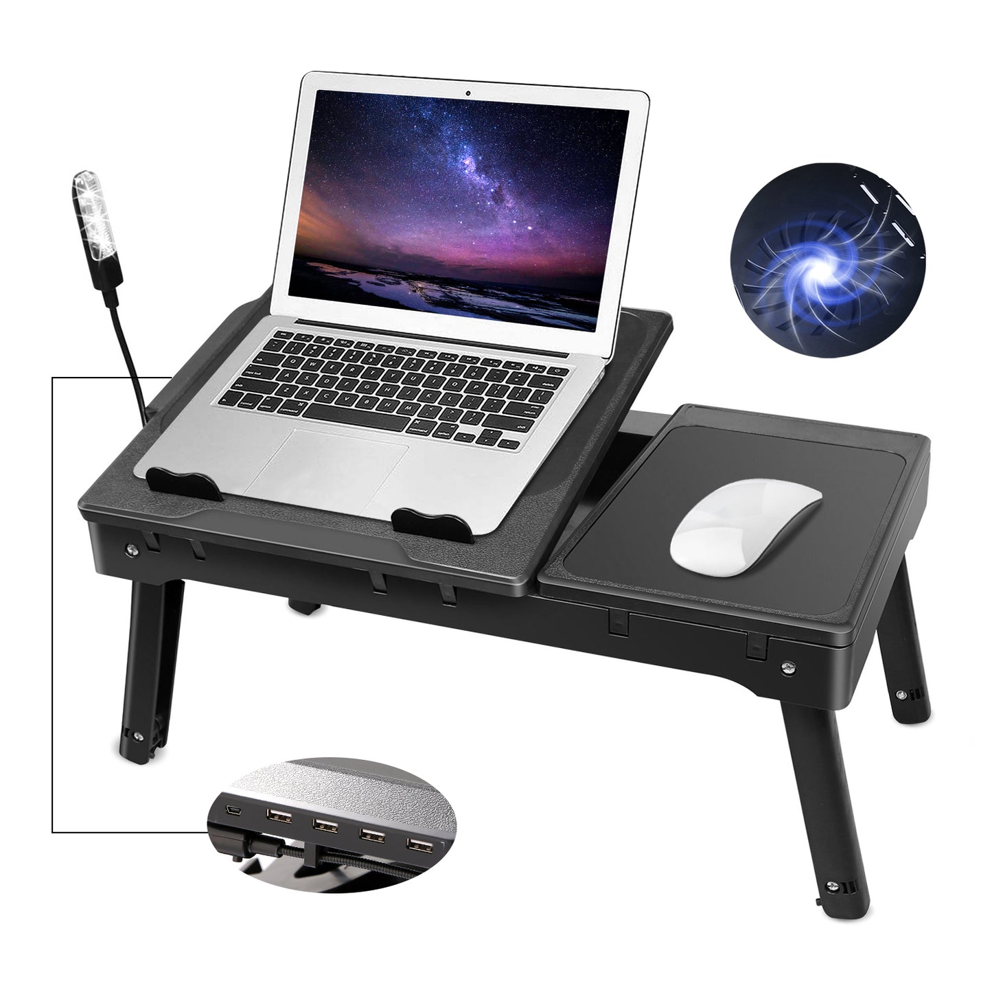 Foldable Laptop Table Bed Notebook Desk w/Cooling Fan Mouse Board LED light 4 x USB Ports Breakfast Snacking Tray with Storage Groove