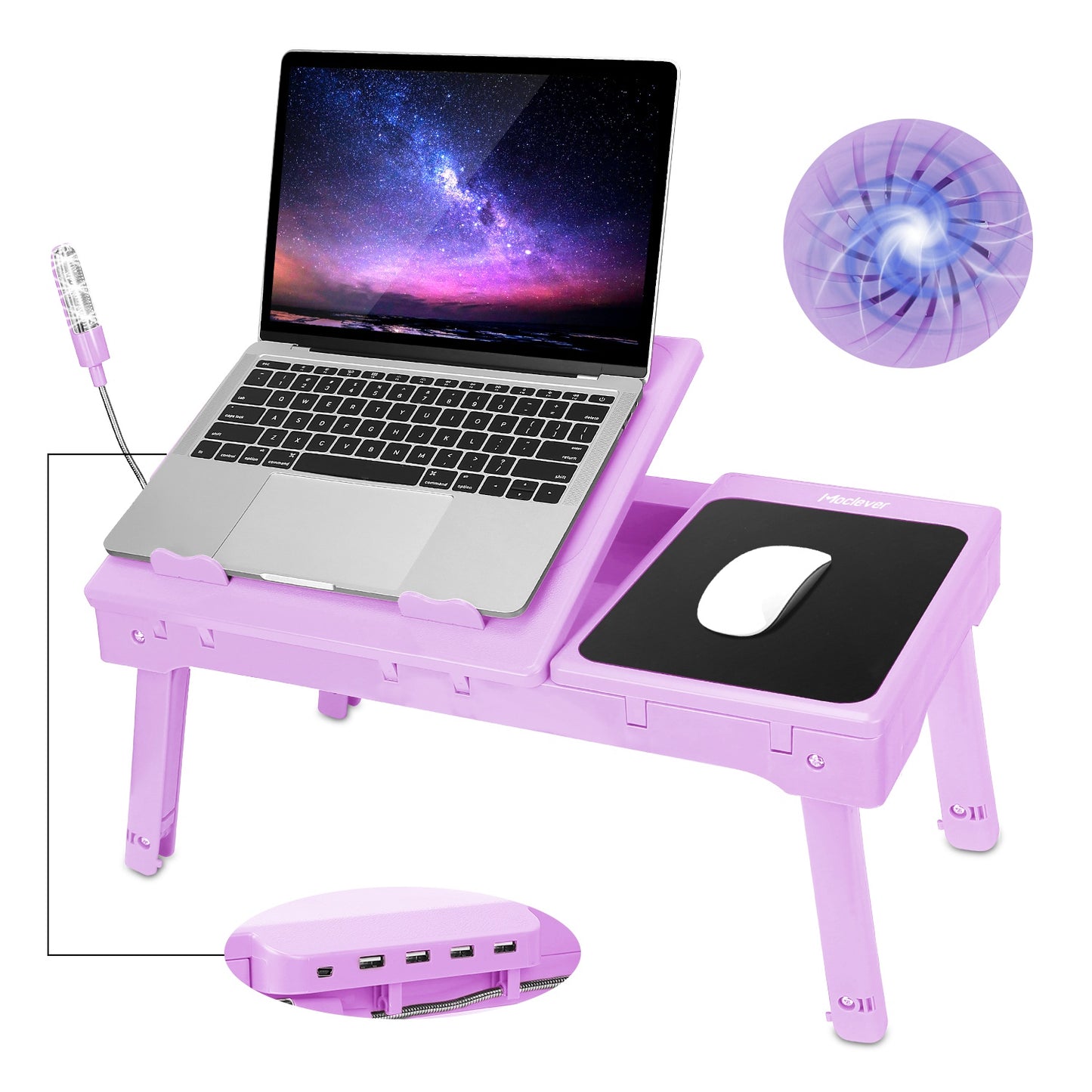 Foldable Laptop Table Bed Notebook Desk w/Cooling Fan Mouse Board LED light 4 x USB Ports Breakfast Snacking Tray with Storage Groove