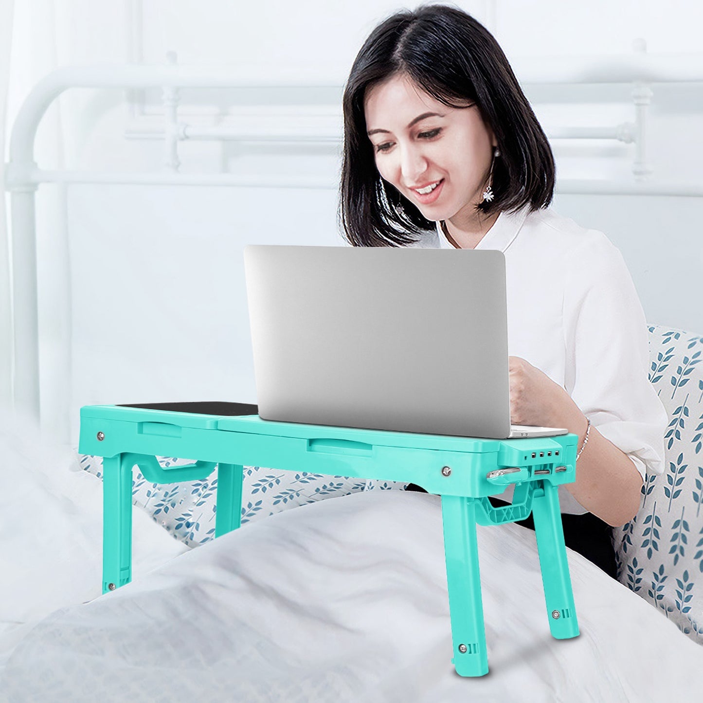 Foldable Laptop Table Bed Notebook Desk w/Cooling Fan Mouse Board LED light 4 x USB Ports Breakfast Snacking Tray with Storage Groove