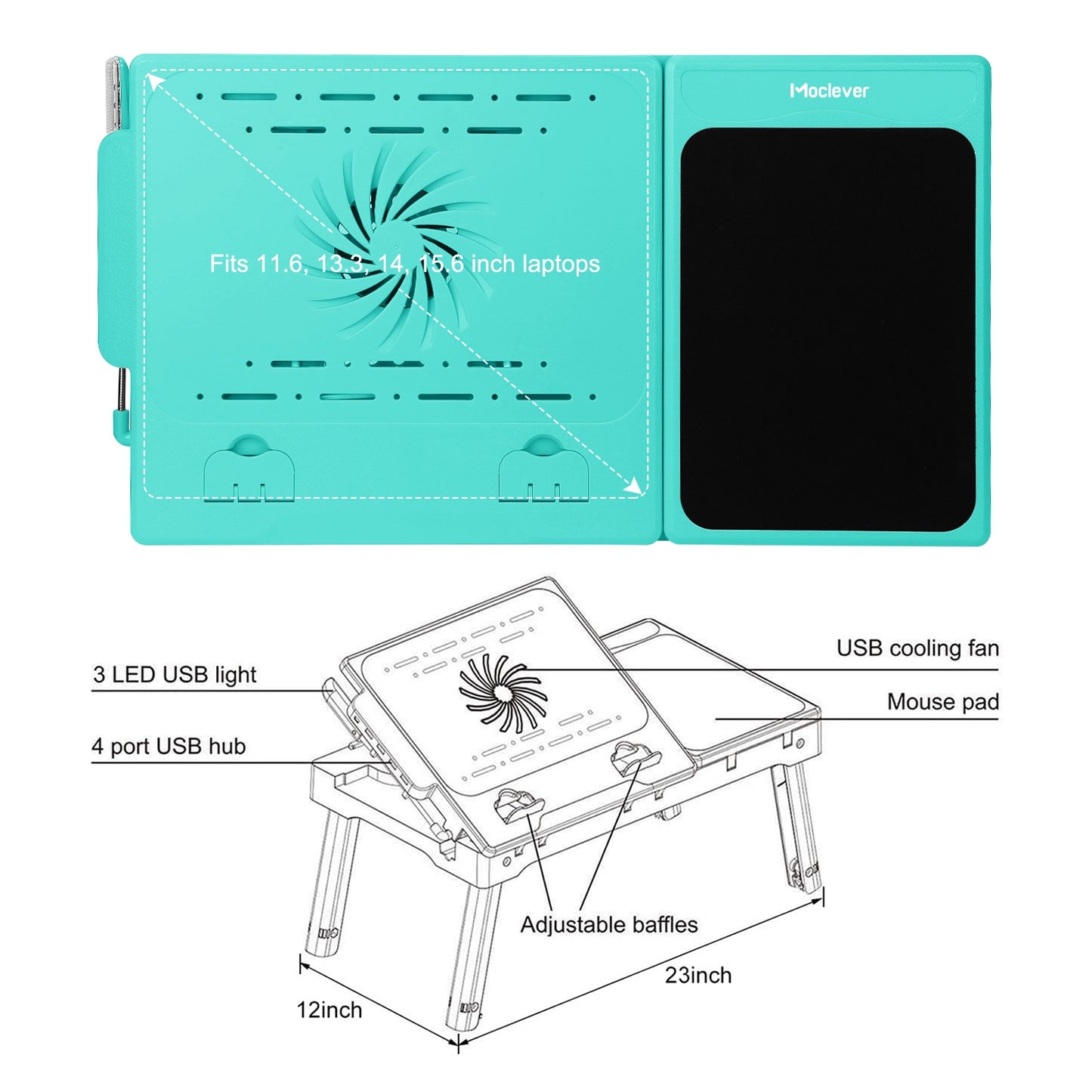 Foldable Laptop Table Bed Notebook Desk w/Cooling Fan Mouse Board LED light 4 x USB Ports Breakfast Snacking Tray with Storage Groove