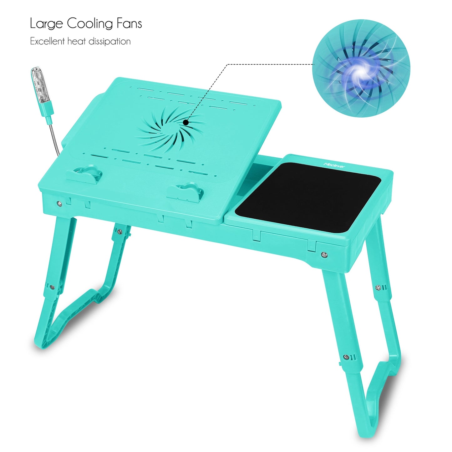 Foldable Laptop Table Bed Notebook Desk w/Cooling Fan Mouse Board LED light 4 x USB Ports Breakfast Snacking Tray with Storage Groove