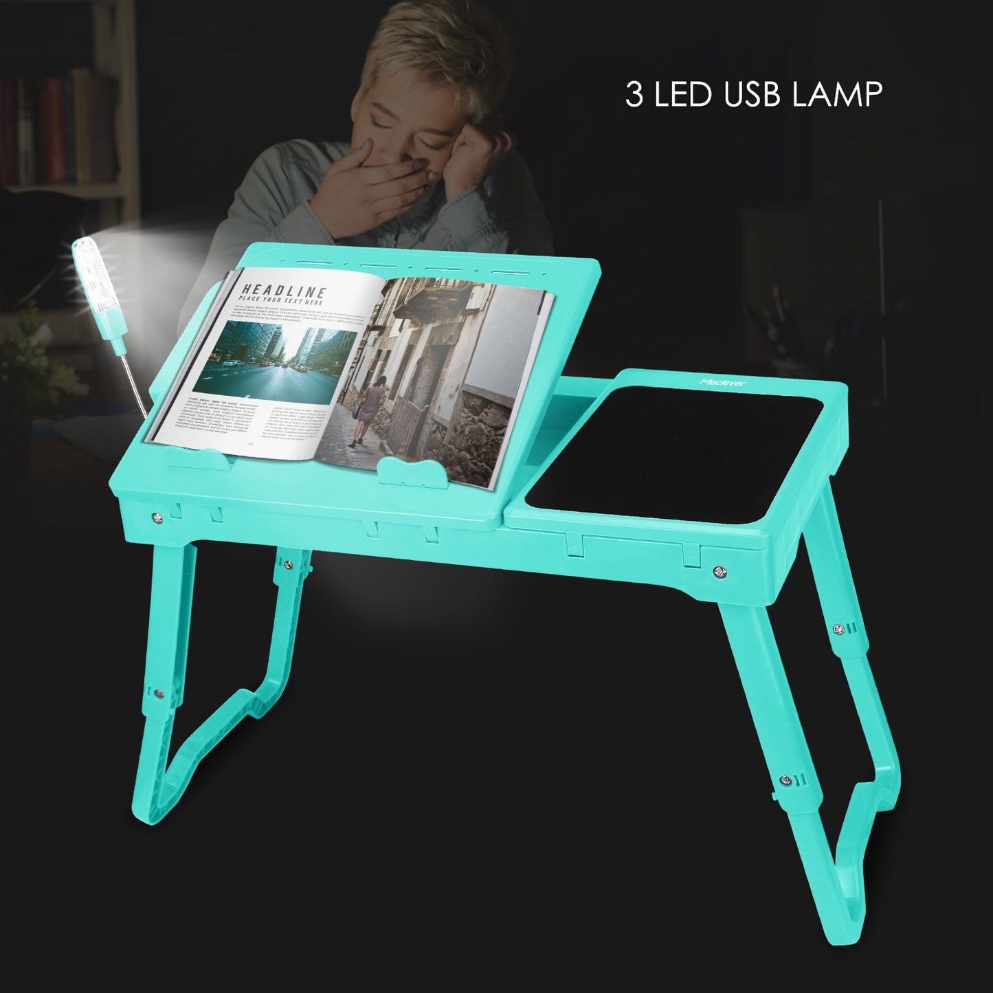 Foldable Laptop Table Bed Notebook Desk w/Cooling Fan Mouse Board LED light 4 x USB Ports Breakfast Snacking Tray with Storage Groove