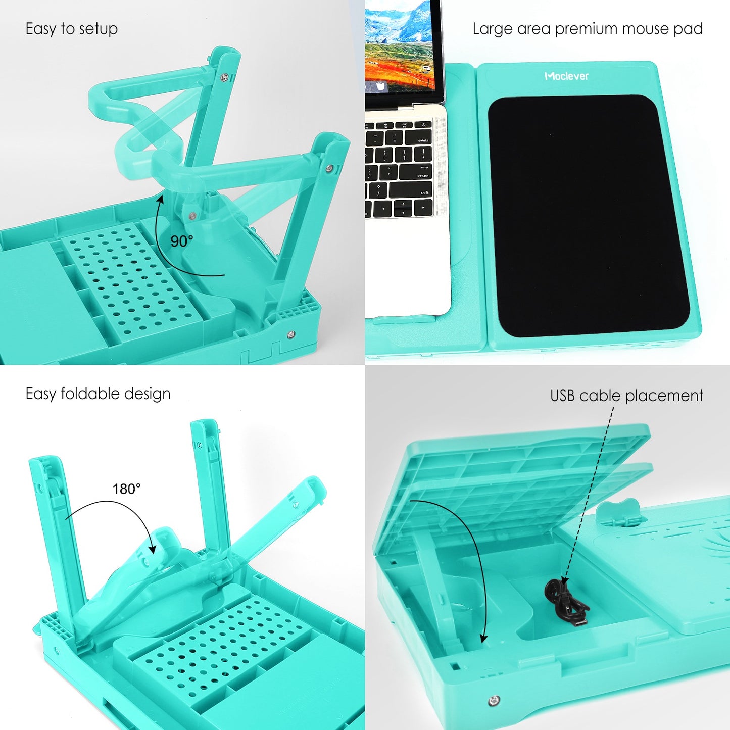 Foldable Laptop Table Bed Notebook Desk w/Cooling Fan Mouse Board LED light 4 x USB Ports Breakfast Snacking Tray with Storage Groove