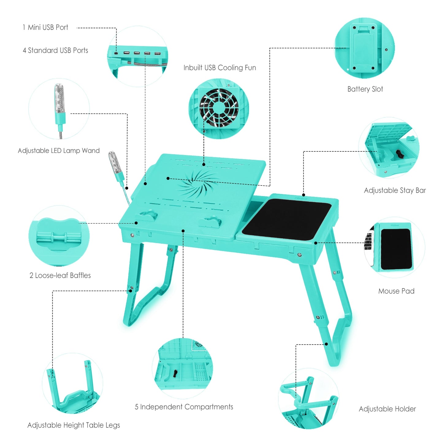 Foldable Laptop Table Bed Notebook Desk w/Cooling Fan Mouse Board LED light 4 x USB Ports Breakfast Snacking Tray with Storage Groove