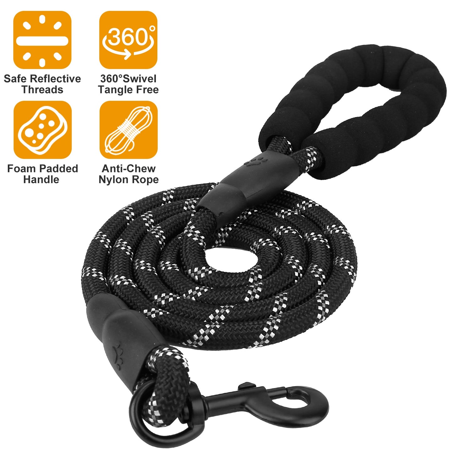 5FT Dog Leash Dog Training Walking Lead w/ Foam Handle Highly Reflective Treads Strong Nylon Dog Rope