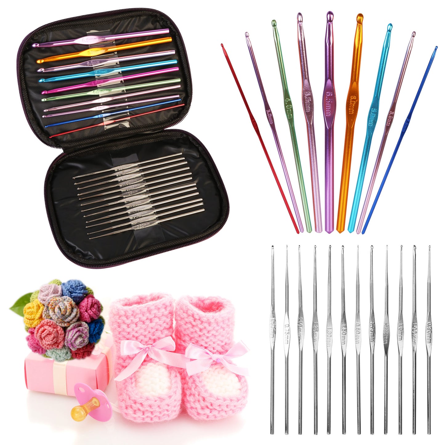22Pcs Multi-Color Crochet Hook Needles Aluminum Handle Sewing Kit