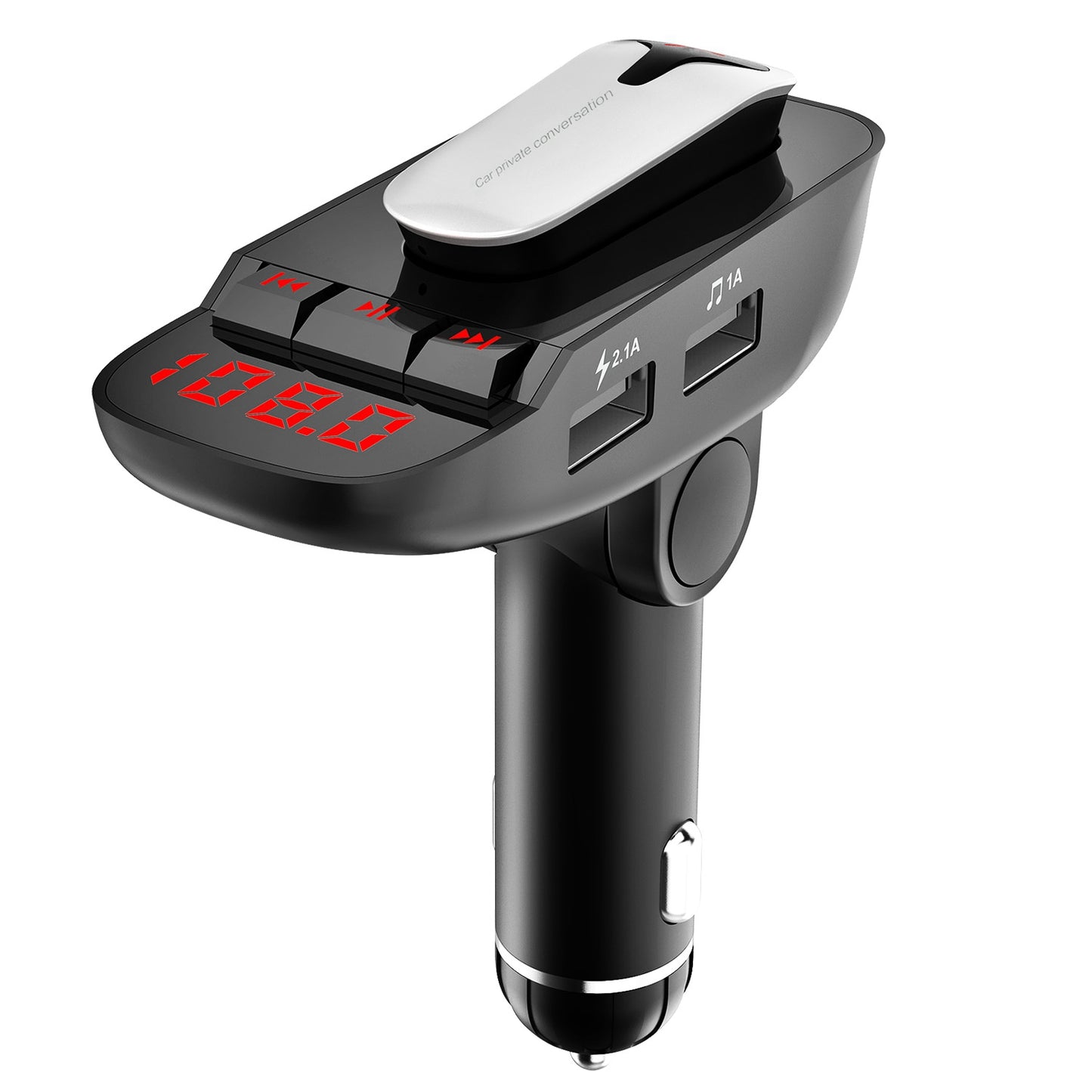 Car FM Transmitter w/ Wireless Earpiece 2 USB Charge Ports Hands-free Call
