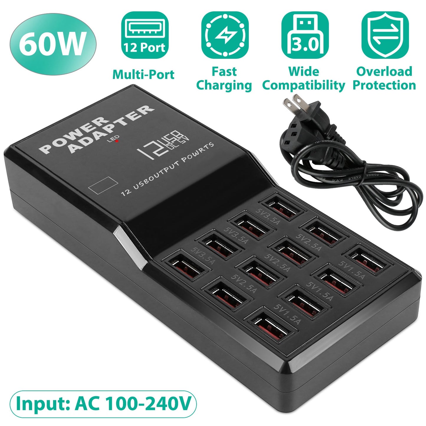 Multi 12 Port USB Charging Station Hub 60W Desktop USB Hub Multiple USB Charger Fast Charge For iPod iPhone
