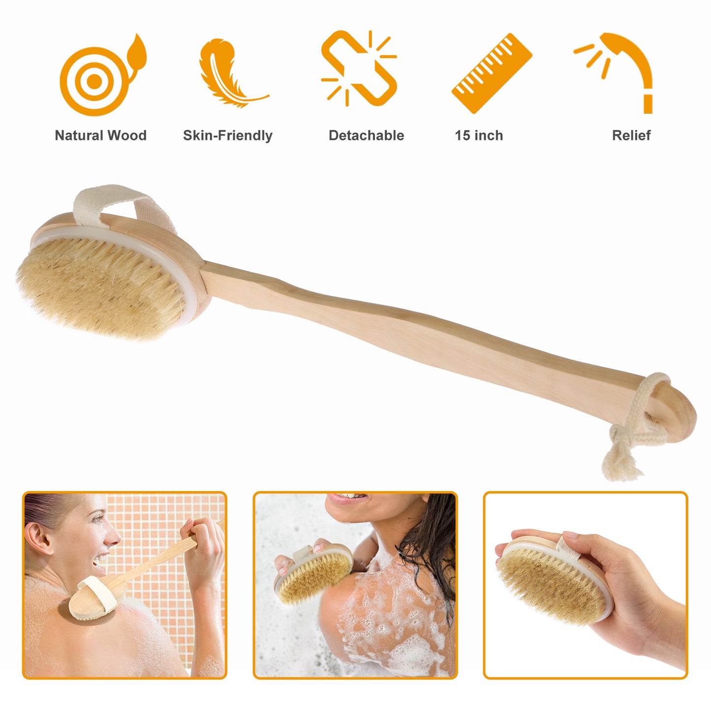 Bath Brush 15in Shower Body Back Scrubber with Long Handle Detachable Brush