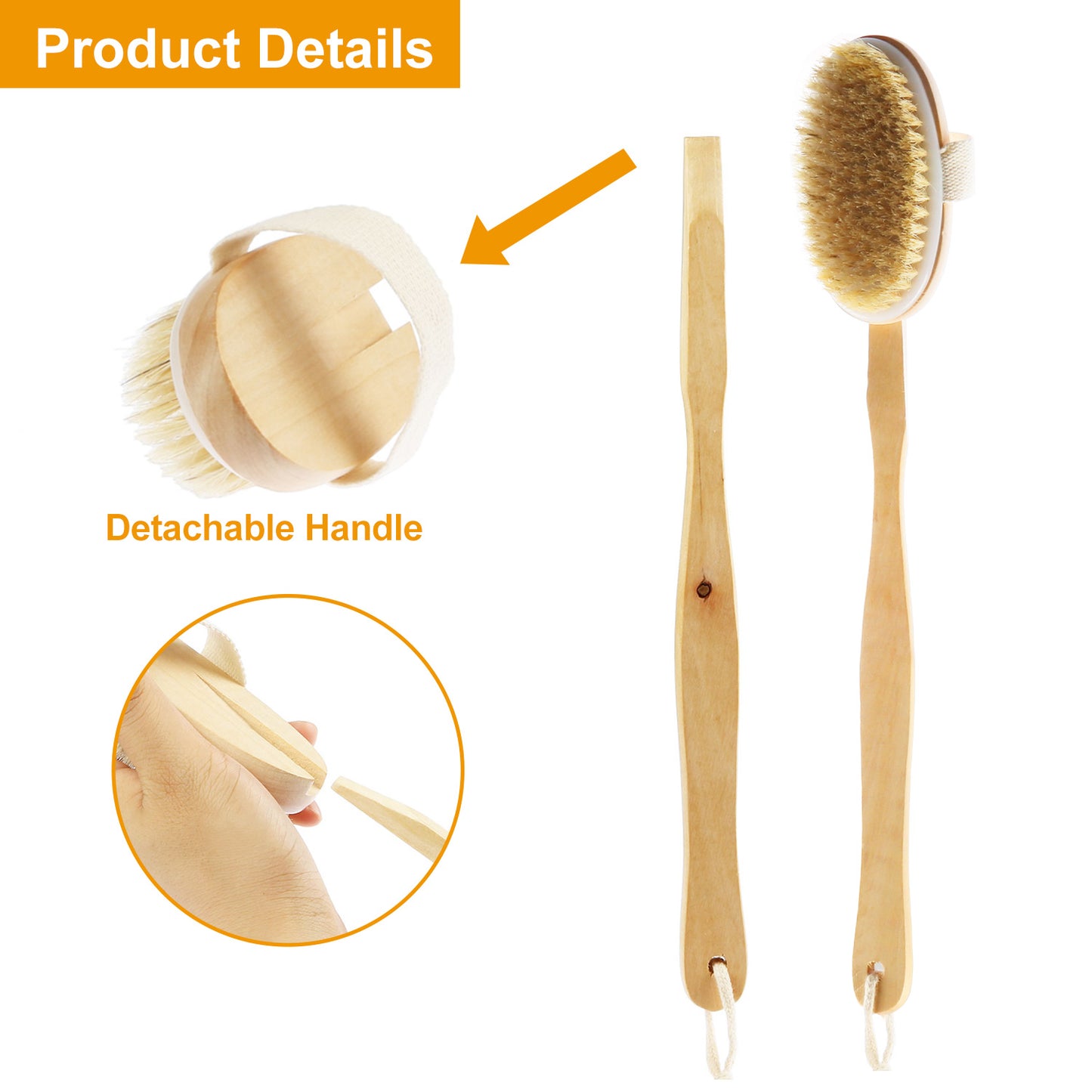Bath Brush 15in Shower Body Back Scrubber with Long Handle Detachable Brush