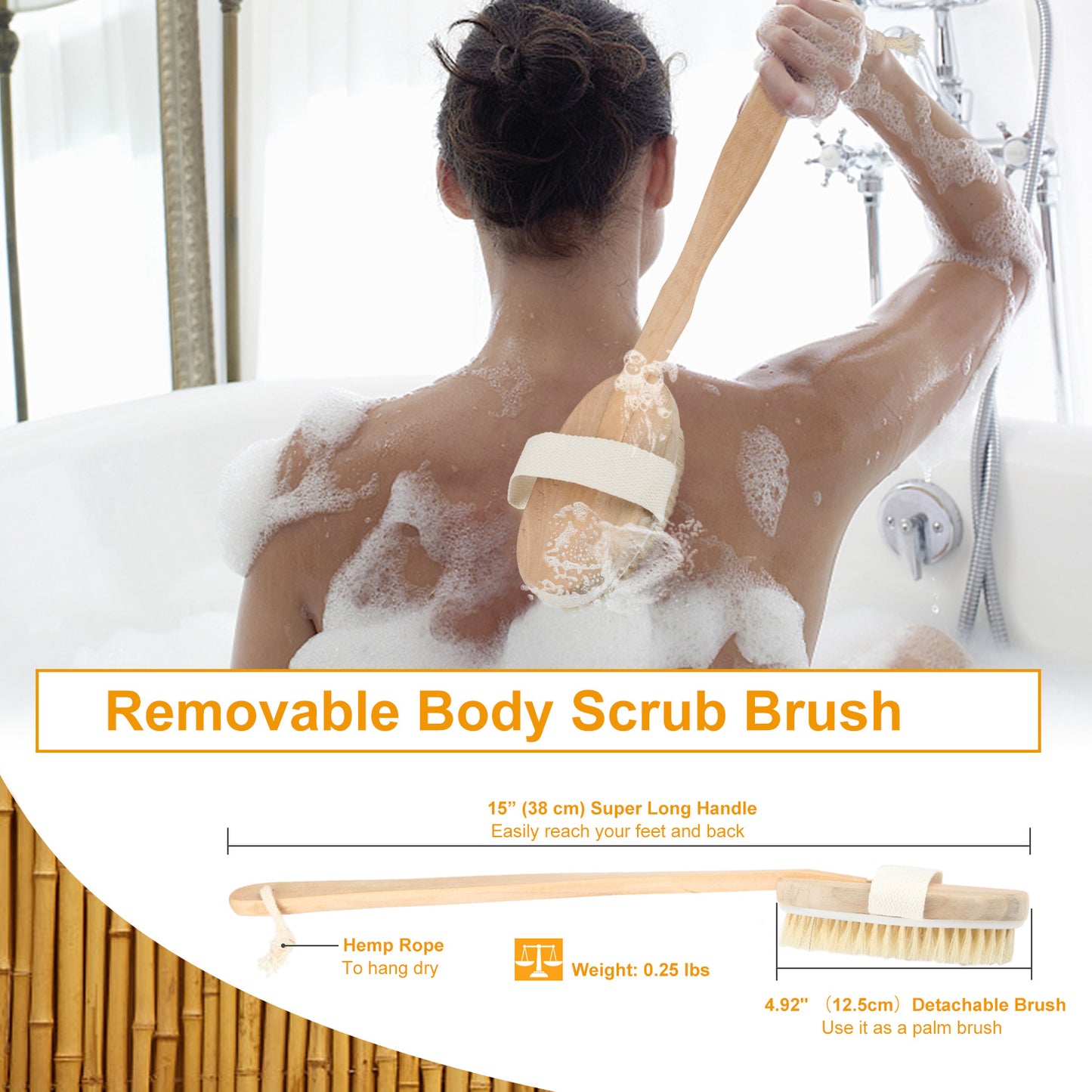 Bath Brush 15in Shower Body Back Scrubber with Long Handle Detachable Brush