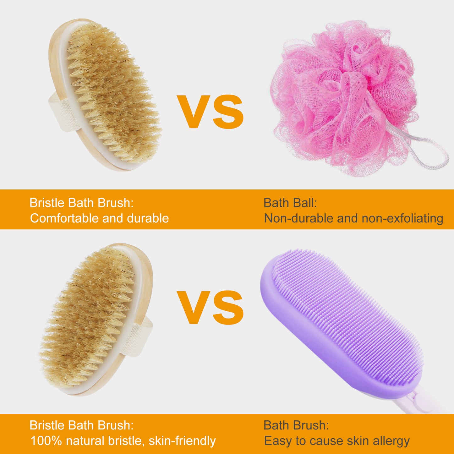 Bath Brush 15in Shower Body Back Scrubber with Long Handle Detachable Brush